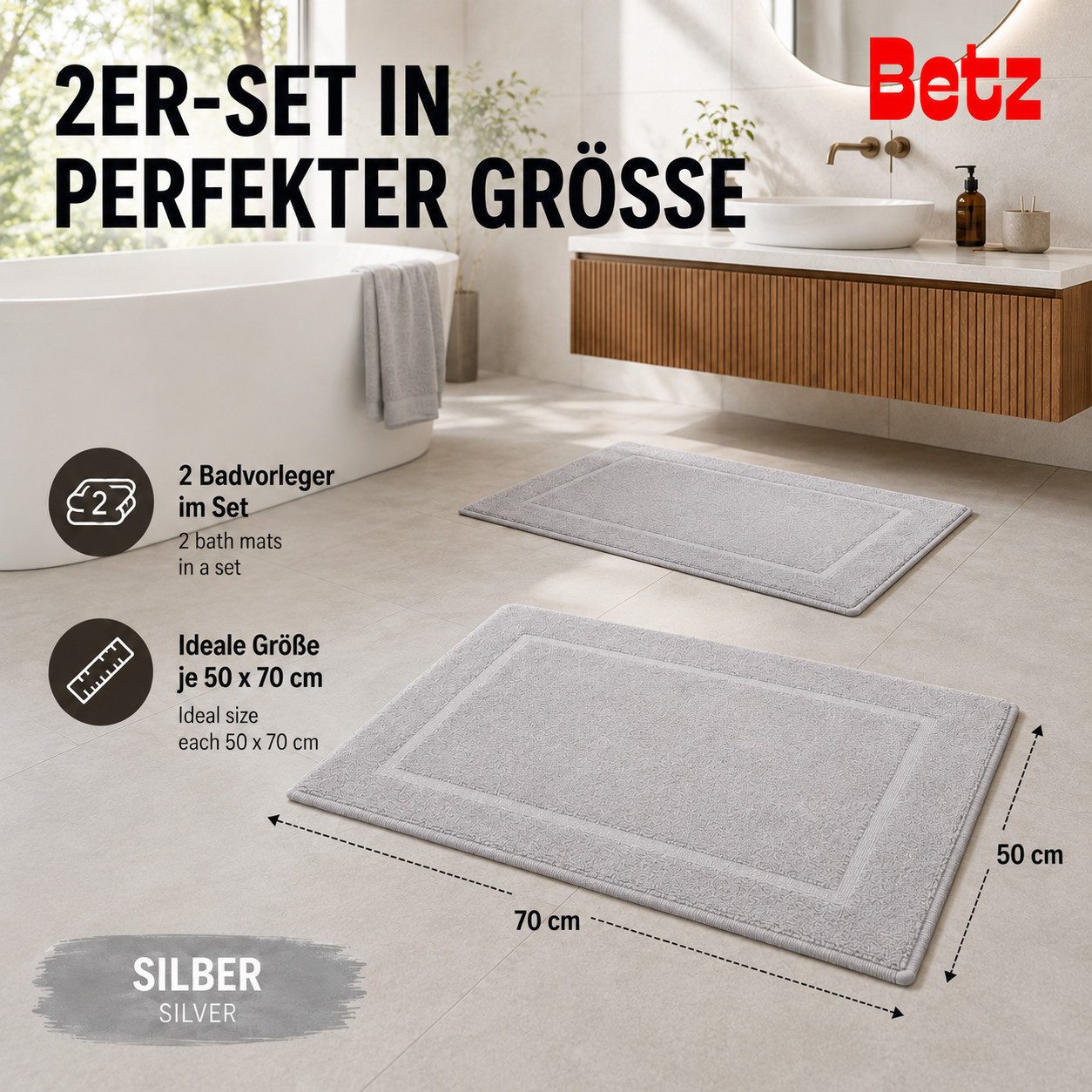 Betz Badematte 2 Stück Badvorleger Premium Badteppich Größe 50x70 cm, unbeschichtet, beidseitig nutzbar, beidseitig nutzbar, Baumwolle, Qualität 650g/m² – Bild 2 von 5