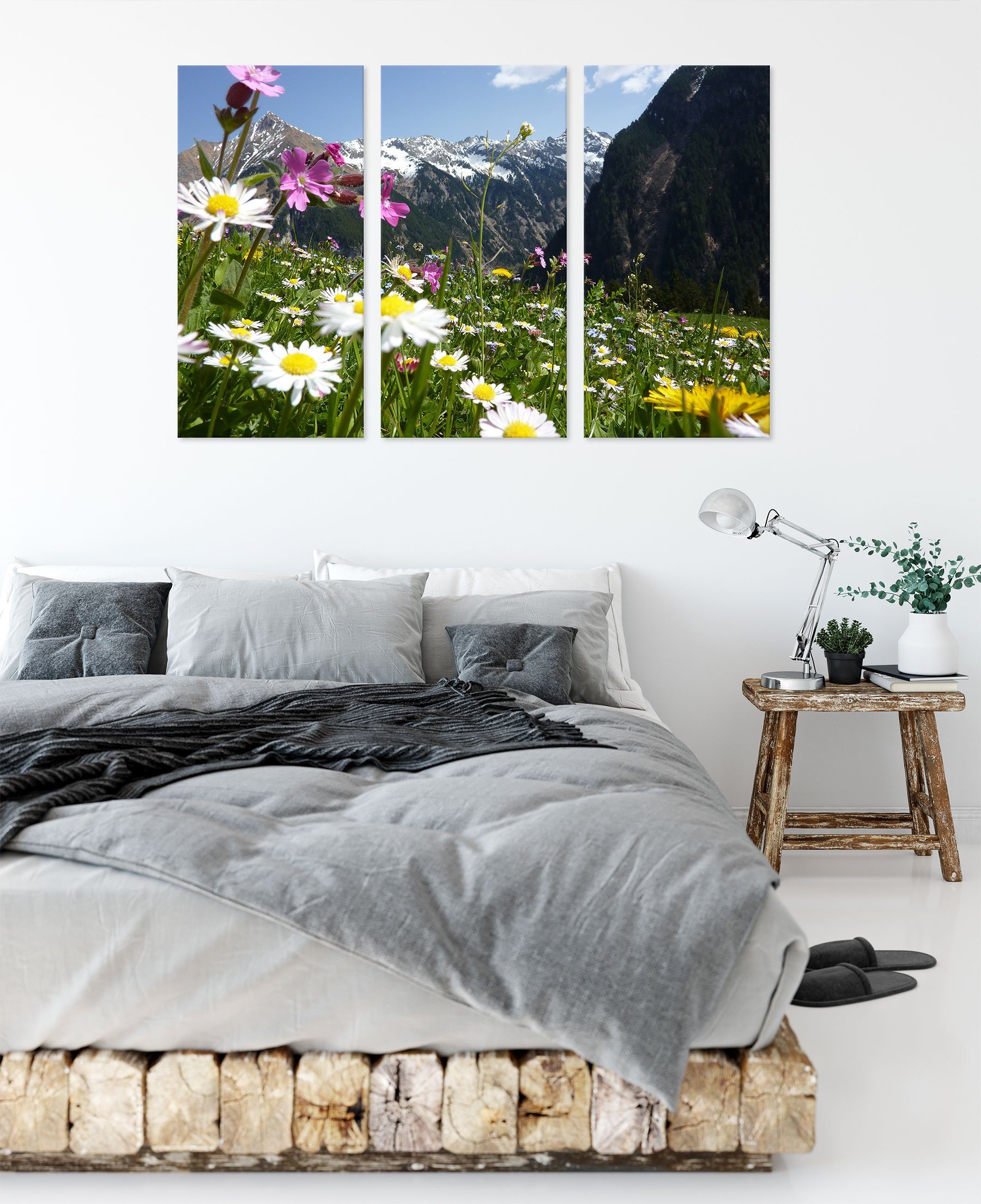 Wunderschöne Zackenaufhänger Pixxprint Blumen 3Teiler Alpenwiese Alpenwiese, (120x80cm) (1 Blumen bespannt, St), inkl. Leinwandbild fertig Wunderschöne Leinwandbild