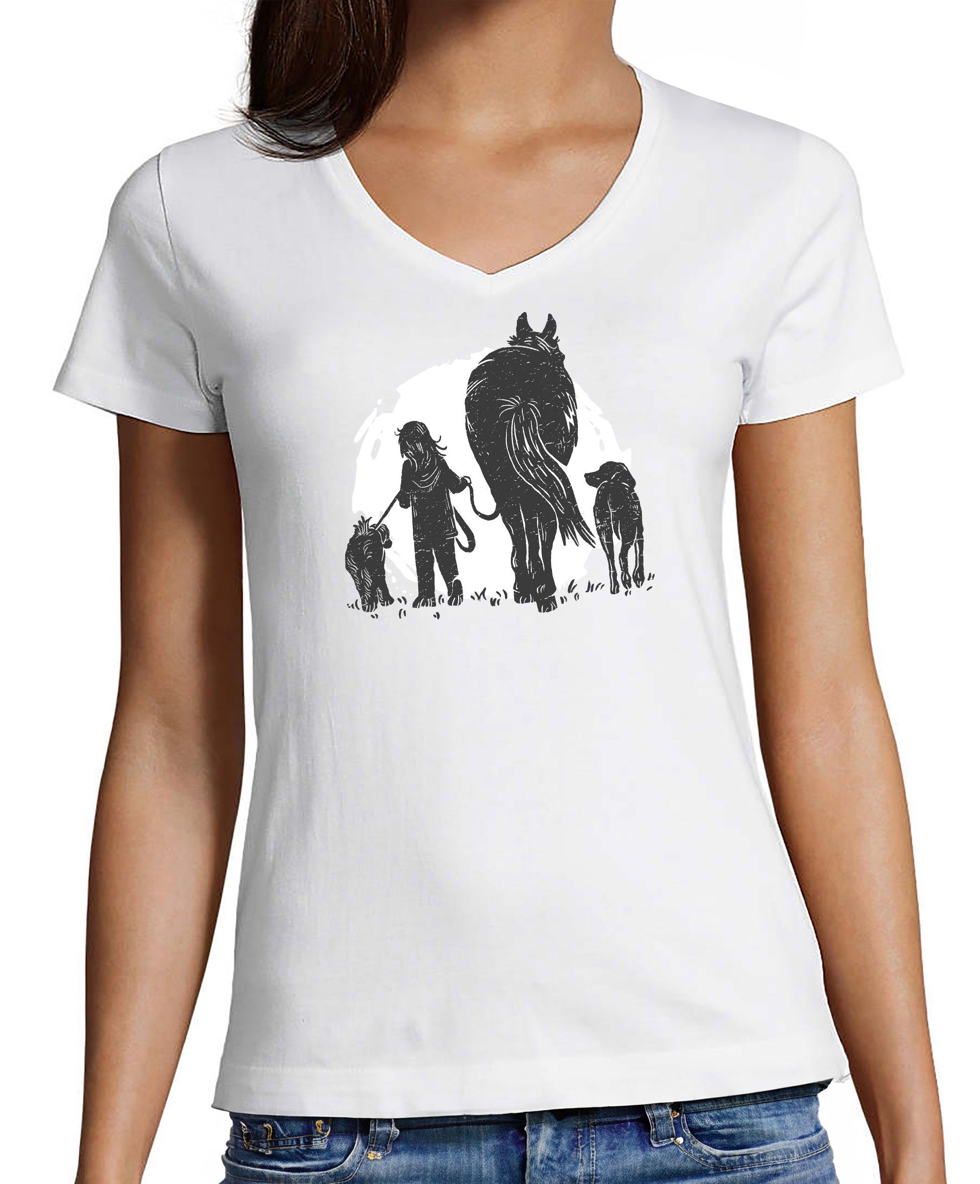 MyDesign24 T-Shirt Damen Pferde Print Shirt - Pferd mit Mädchen und Hunden V-Ausschnitt Baumwollshirt mit Aufdruck Slim Fit i150