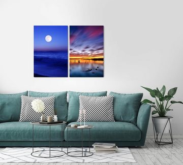 Sinus Art Leinwandbild 2 Bilder je 60x90cm Vollmond Nachthimmel Meer Flut Horizont Blau Sonnenuntergang
