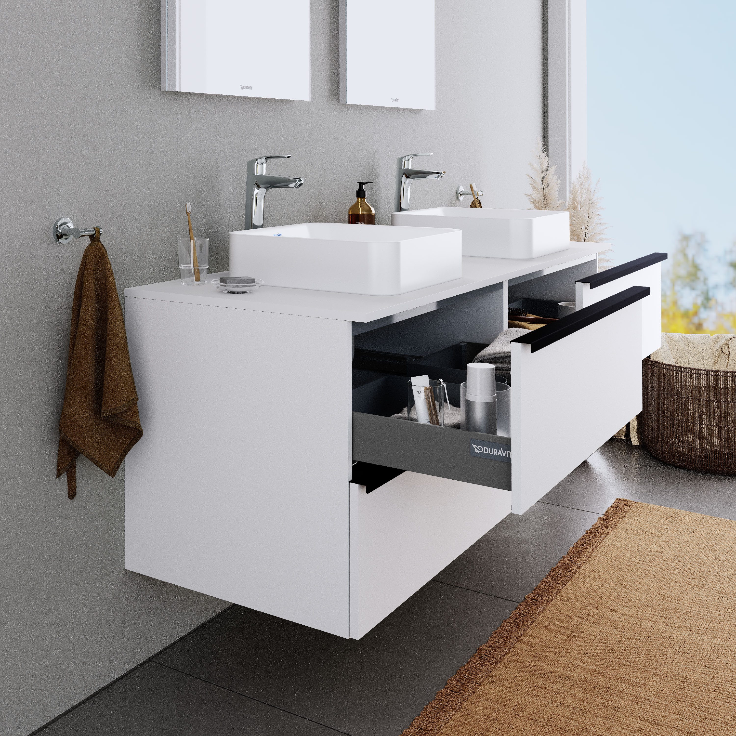 Duravit Waschbeckenunterschrank DuraPoint Weiß matt 120cm Waschtischunterschrank für Aufsatzbecken 4 Auszüge Griffleiste schwarz
