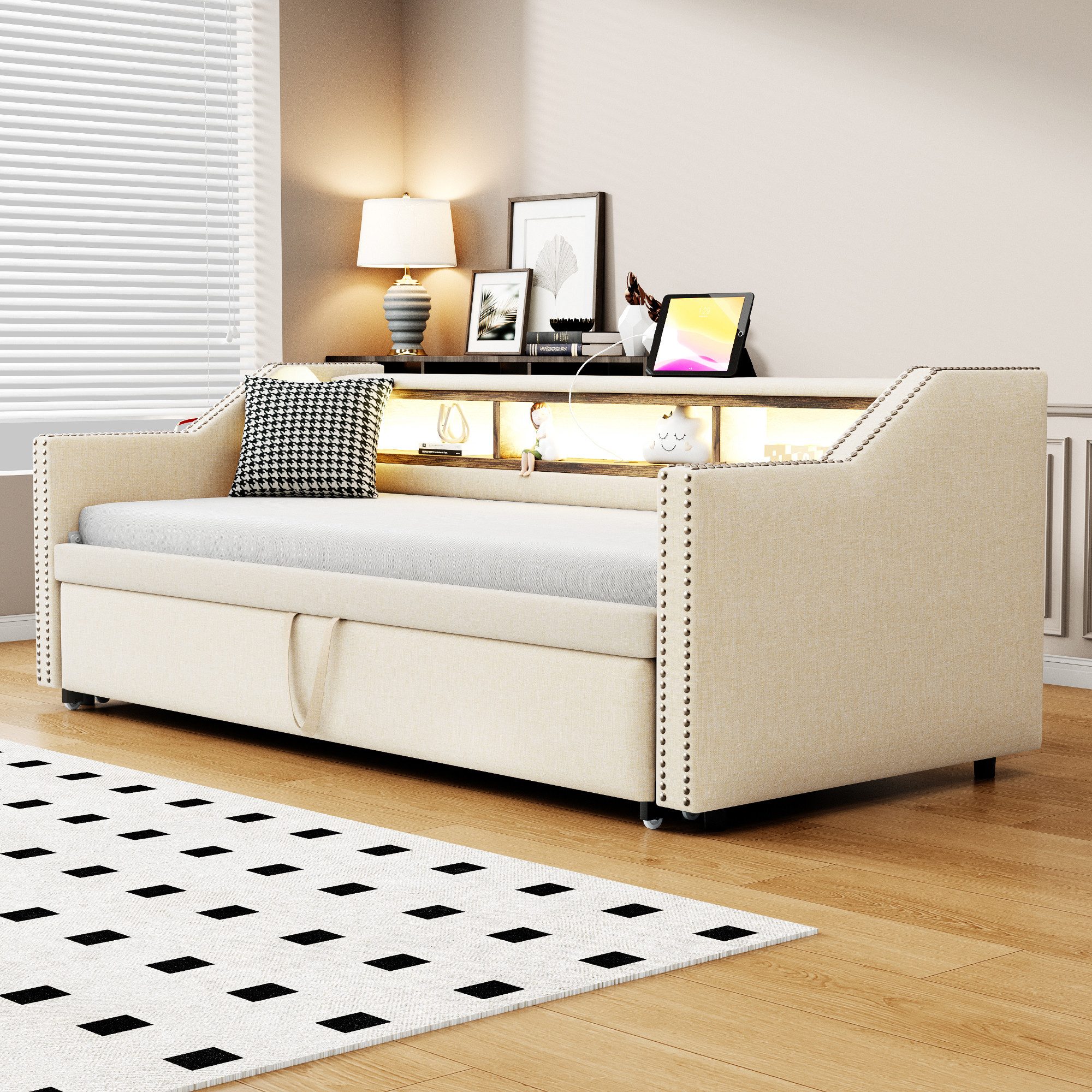 Flieks Daybett, Ausziehbares Polsterbett Schlafsofa 90/180x190cm mit USB-La günstig online kaufen