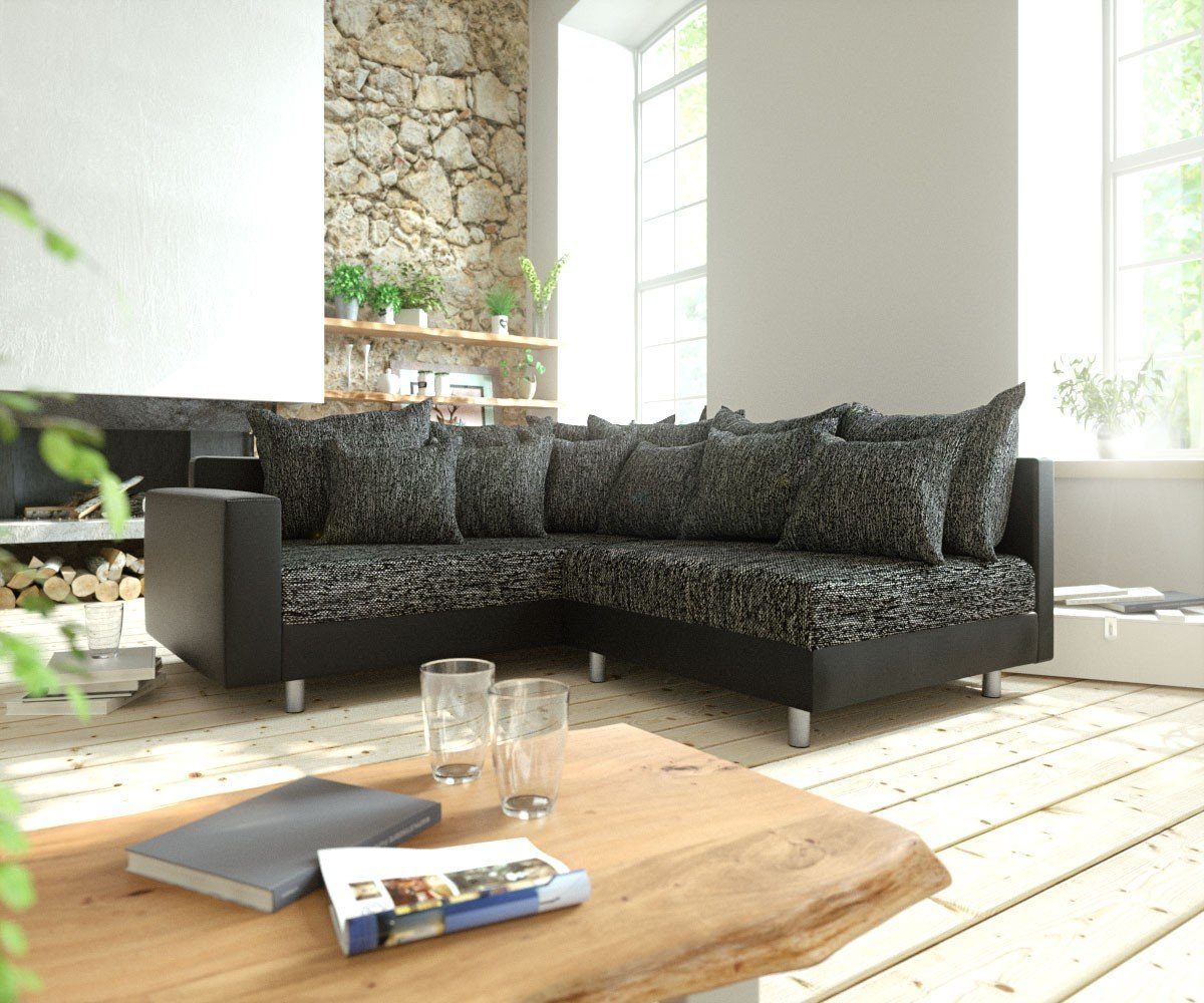 DELIFE Ecksofa Clovis, Schwarz mit Armlehne Ottomane Links Ecksofa Modulsofa