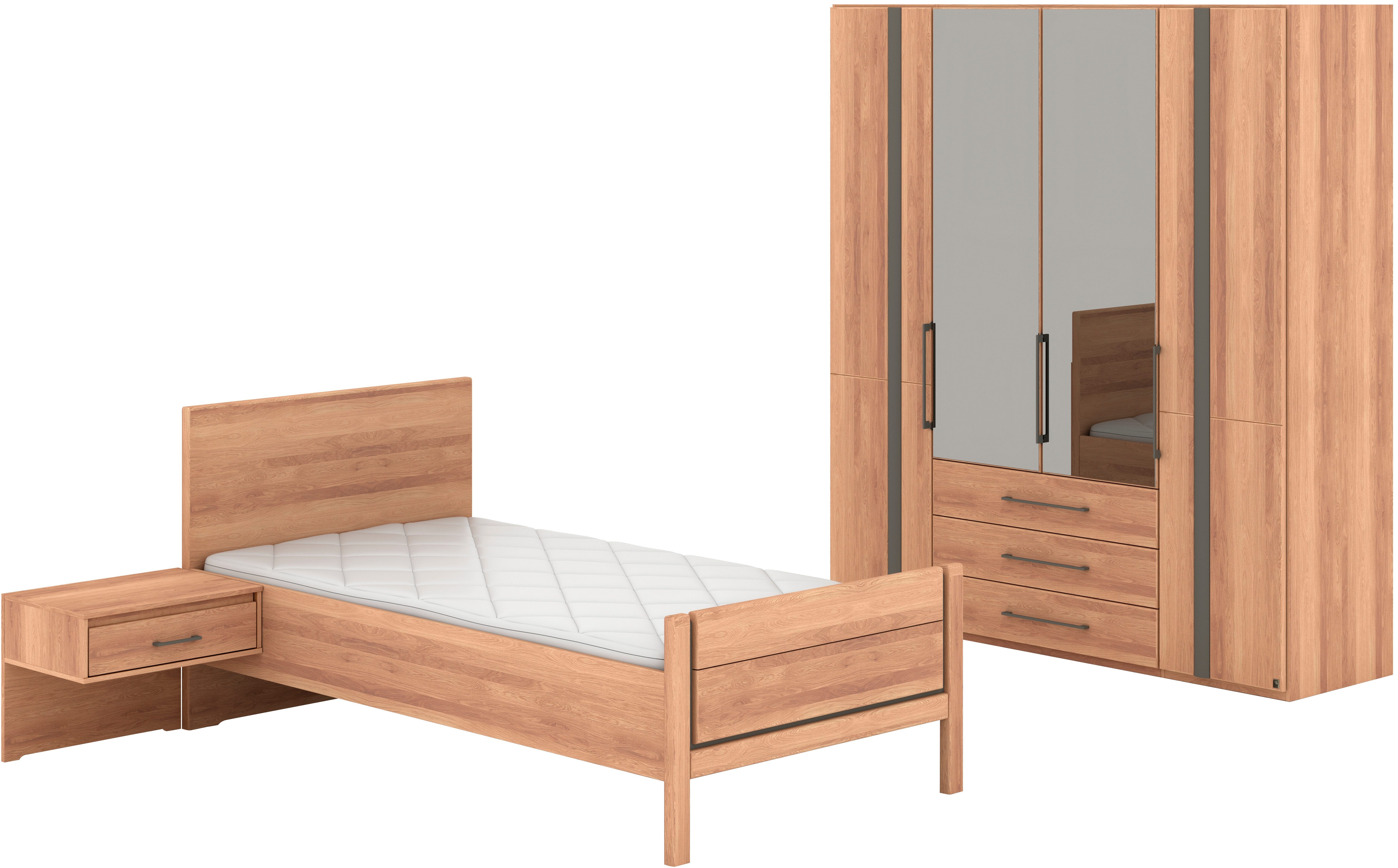 Musterring Schlafzimmer-Set Sorrent, Kleiderschrank, Bett & Nachtkommoden, teilmassiv Eiche, (2er-Set Nachtschränke, Drehtürenschrank 200 cm, Bett 100x200 cm), Schrank mit Türen und Schubkästen, Bett mit Stollfuß, teilmassiv
