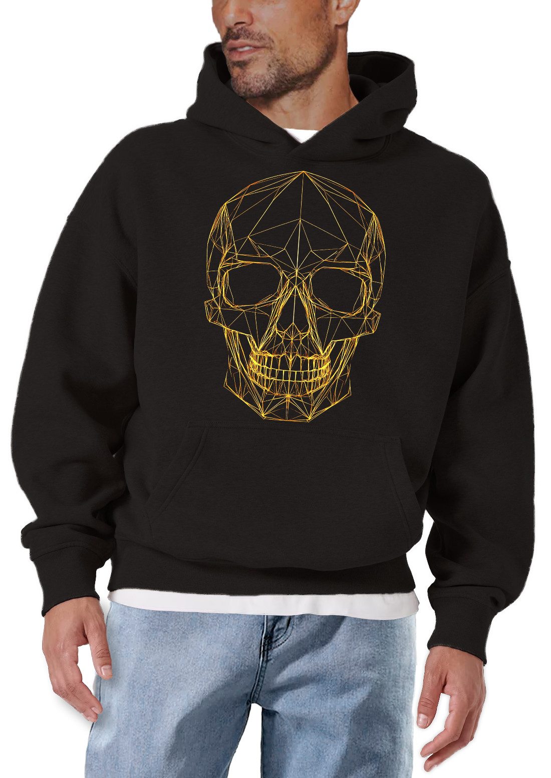 MAKAYA Kapuzenpullover Gothic Totenkopf Sweatshirt Tattoo Style Skull Design (Schwarz, S, M, L, XL, XXL, 3XL, 4XL) mit Druck