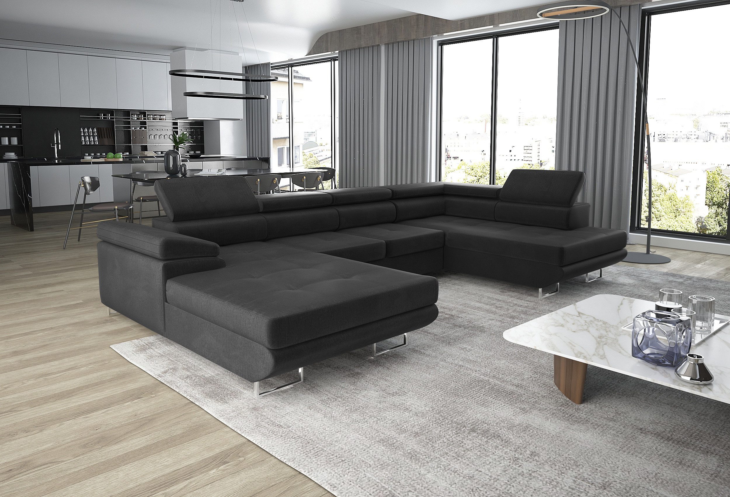 thematys Ecksofa GRENADA in Samt Monolith oder Cord Poso Stoff 355 x 162 cm, U-Form 3 Teile XL-Wohnlandschaft mit Schlaffunktion und Bettkasten