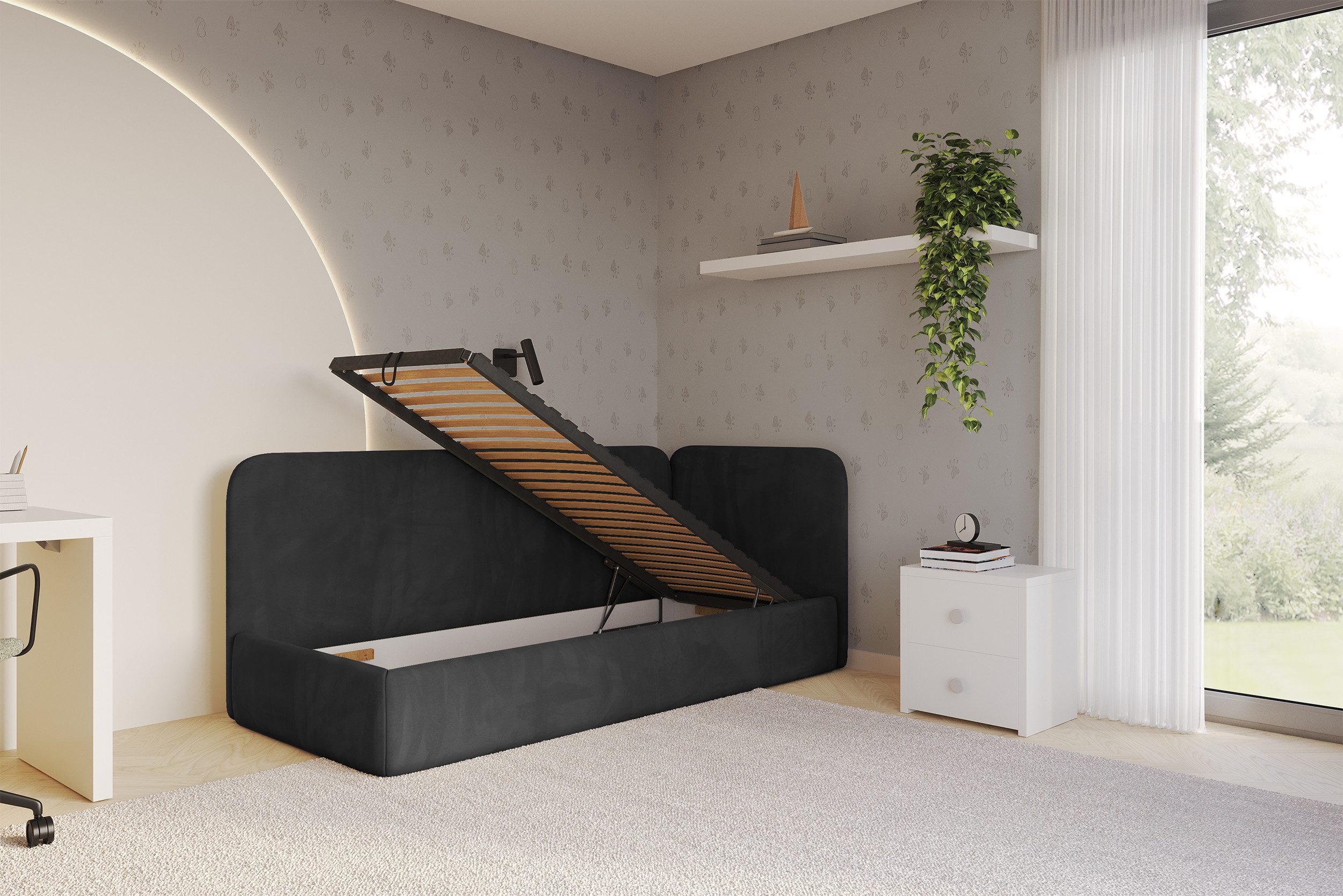 ALTDECOR Jugendbett ELSY (Jugendbett mit Bettkasten und Lattenrost, Polsterbett ohne Matratze), Einzelbett mit Stauraum, Bett mit Kopfteil