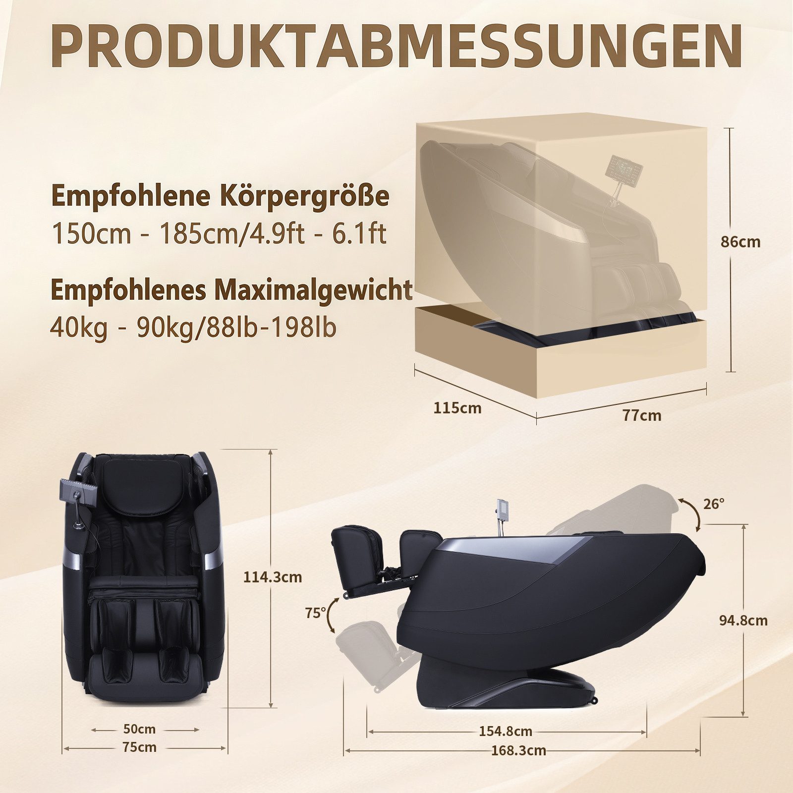 HealthRelife Massagesessel 3D mit 135 cm langer SL-Schiene & automatischem Körperscan (1-St), 28 Luftkammern, Rückenheizung, Touchscreen & Bluetooth