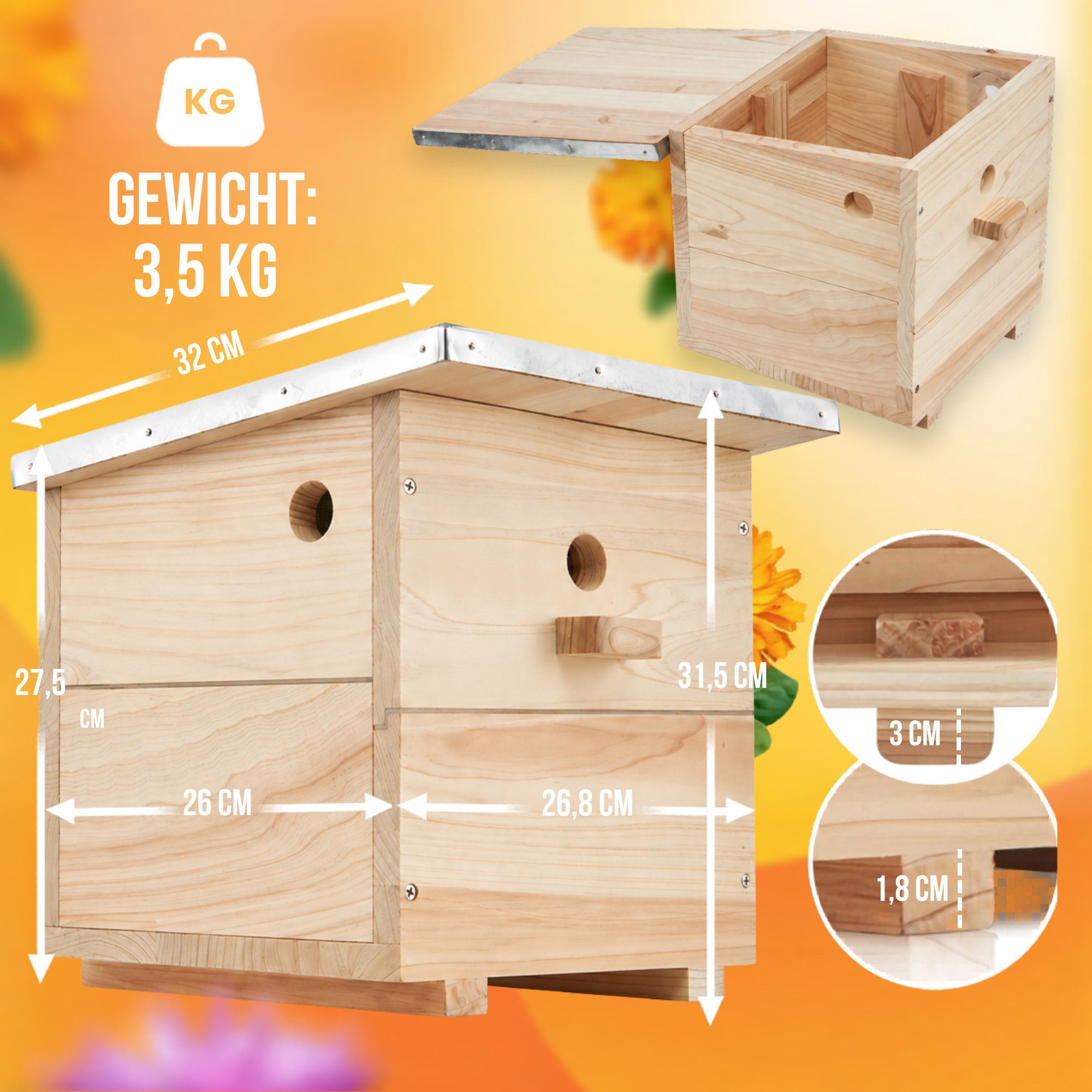 BEESI Insektenhotel Hummelhaus groß inkl. Vorbau und Wachsmottensperre, (Packung, 1-St., Hummelhotel inkl. Kapok, Nistkarton, Holzspäne), 32T x 26,8B x 31,5H cm