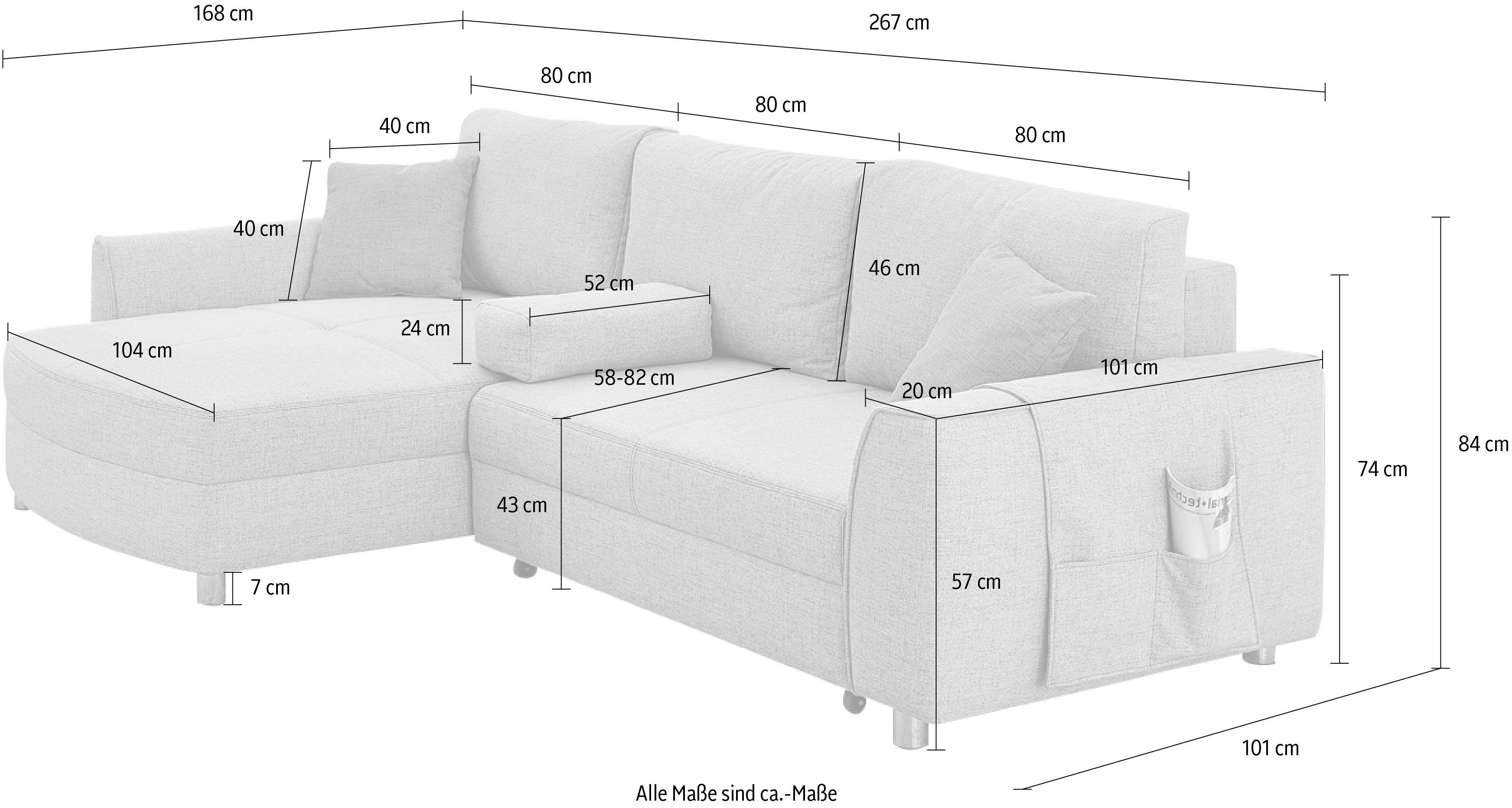 Bettfunktion und montierbar Ecksofa grau Bettkasten, Jockenhöfer Gruppe mane Trevi, mit oder links rechts