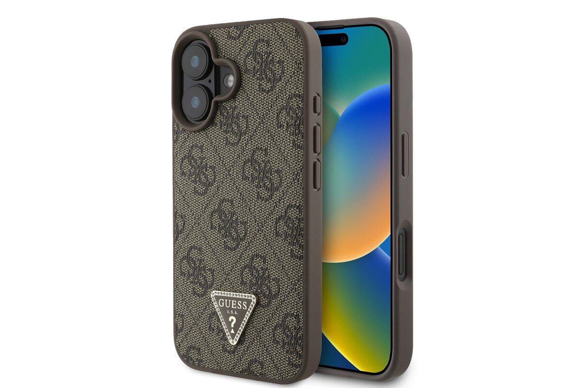 Guess Handyhülle GUESS Case iPhone 16 Strass Triangle Logo Hülle Cover braun