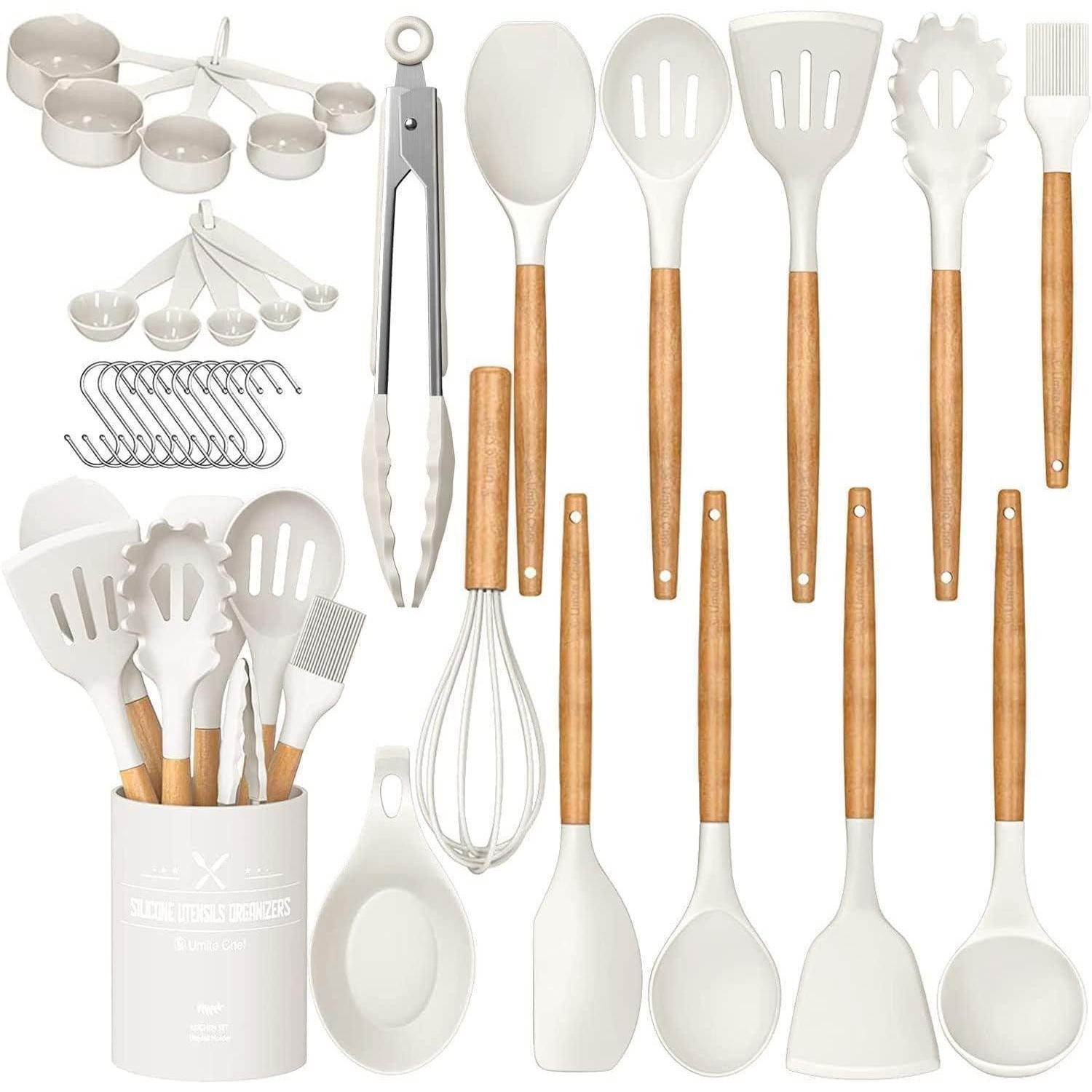 LuxusKollektion Kochbesteckhalter Küchenutensilien Set Silikon Spachtel Holzgriff 33teilig Cremeweiß