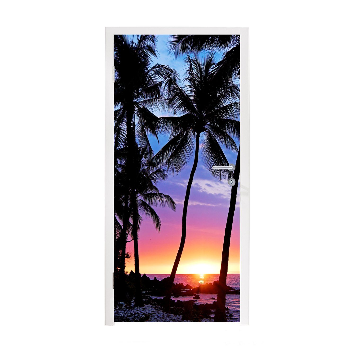 MuchoWow Türtapete Der farbenprächtige Sonnenuntergang hinter einer Reihe von Palmen auf, Matt, bedruckt, (1 St), Fototapete für Tür, Türaufkleber, 75x205 cm