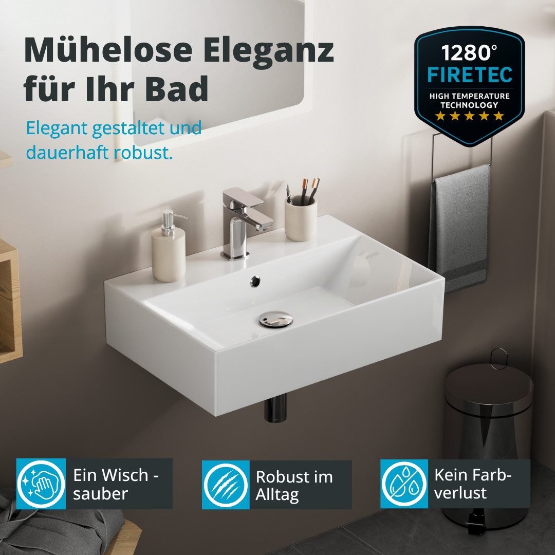 Aqua Bagno Waschtisch Aqua Bagno Keramik Waschtisch Waschbecken Aufsatz 60cm weiß Elegant (Aufsatzwaschbecken, 60x42cm), weiß, rechteckig, mit Hahnloch & Überlauf
