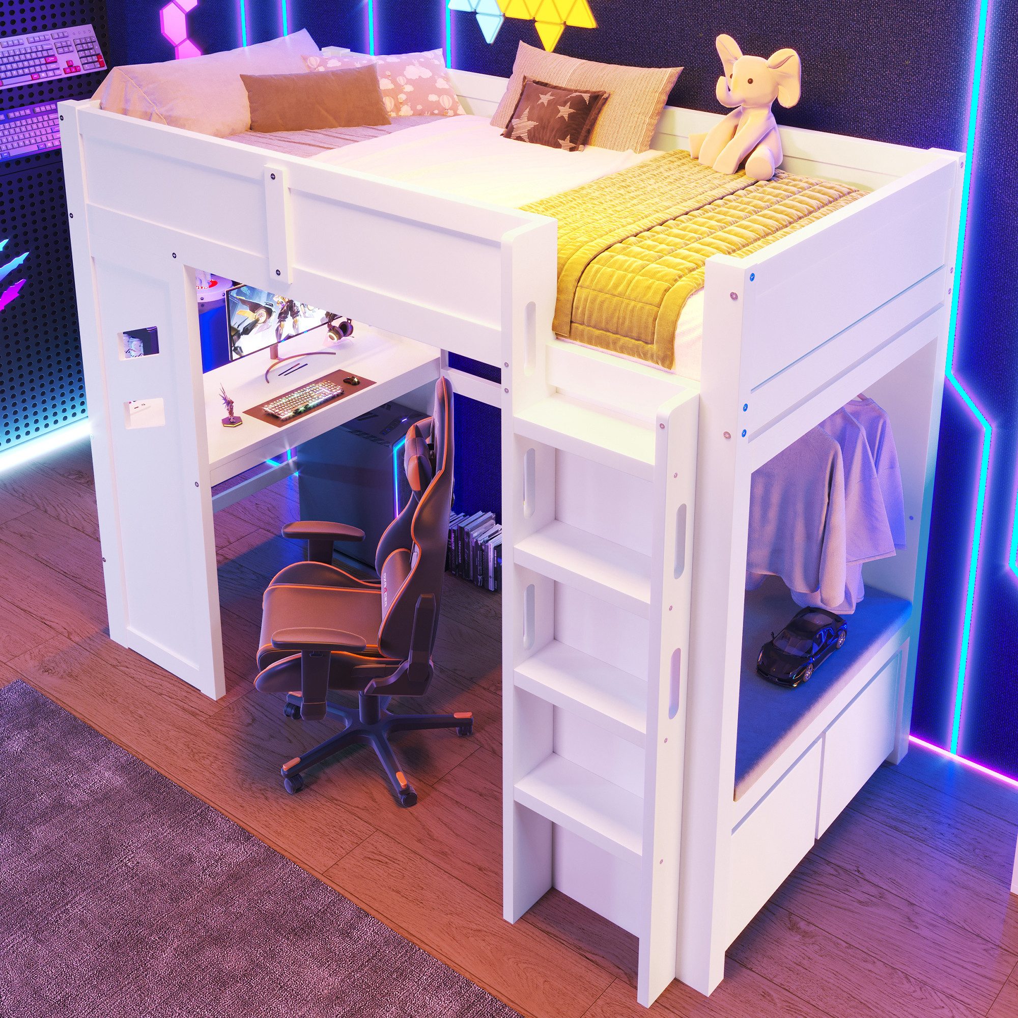 TavilaEcon Hochbett Gaming Bett mit Schreibtisch, 1 USB- und 1 Typ-C-Anschluss (1-St) mit LED-Leuchten, Leiter und Schublade, 90×200cm, weiß