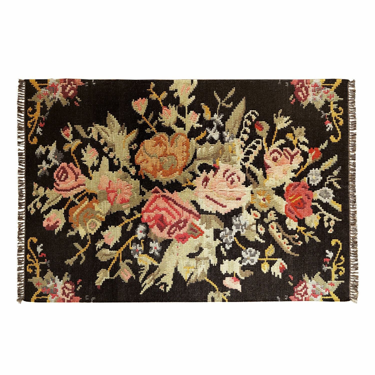Mirabeau Teppich kunstvoller Teppich Matteo handgewebt mit floralem Rosenmuster schwarz, Wohnzimmerteppich, Wandteppich, mit Fransen, L 240cm, B 170cm