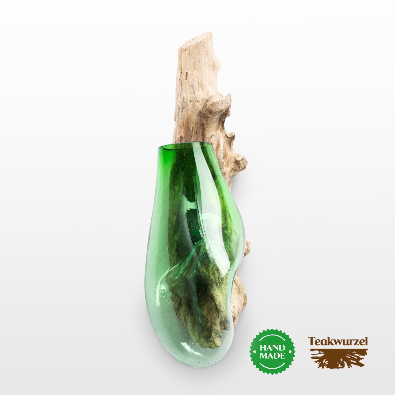 und Glas Geschenk auf Schmelzvase Grün Blumenvase Moderne Designer DULCIA, Holz Wandvase Rikmani Glas aus Kombination Dekovase Glas Teakholzwurzel Vase Deko aus aus Wanddekoration