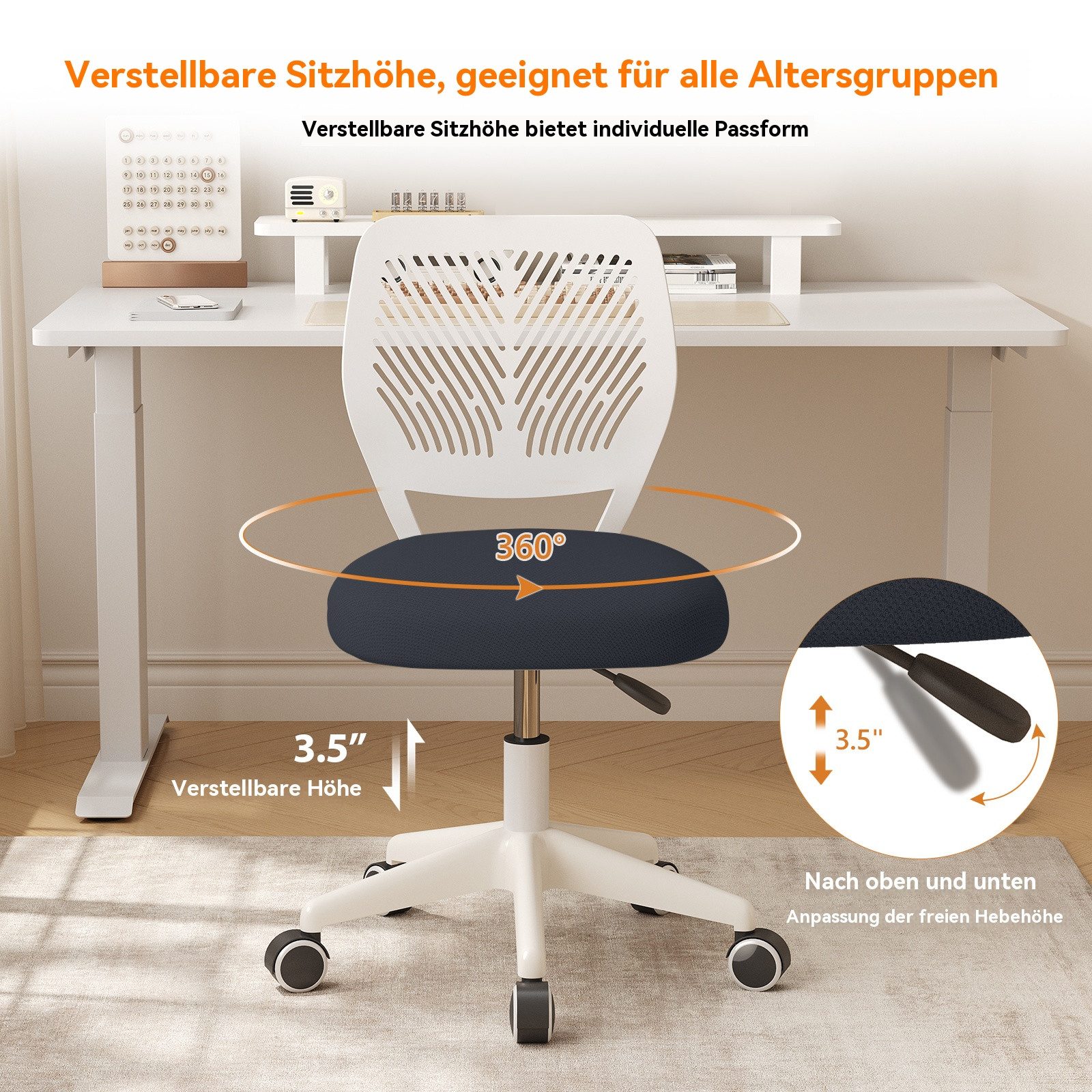 HDHNBA Drehstuhl höhenverstellbarer Rollhocker mit Rückenlehne, armlehnloser Bürostuhl (1 St), Ergonomischer kleiner Schreibtischstuhl für Home-Office – Bild 3 von 5