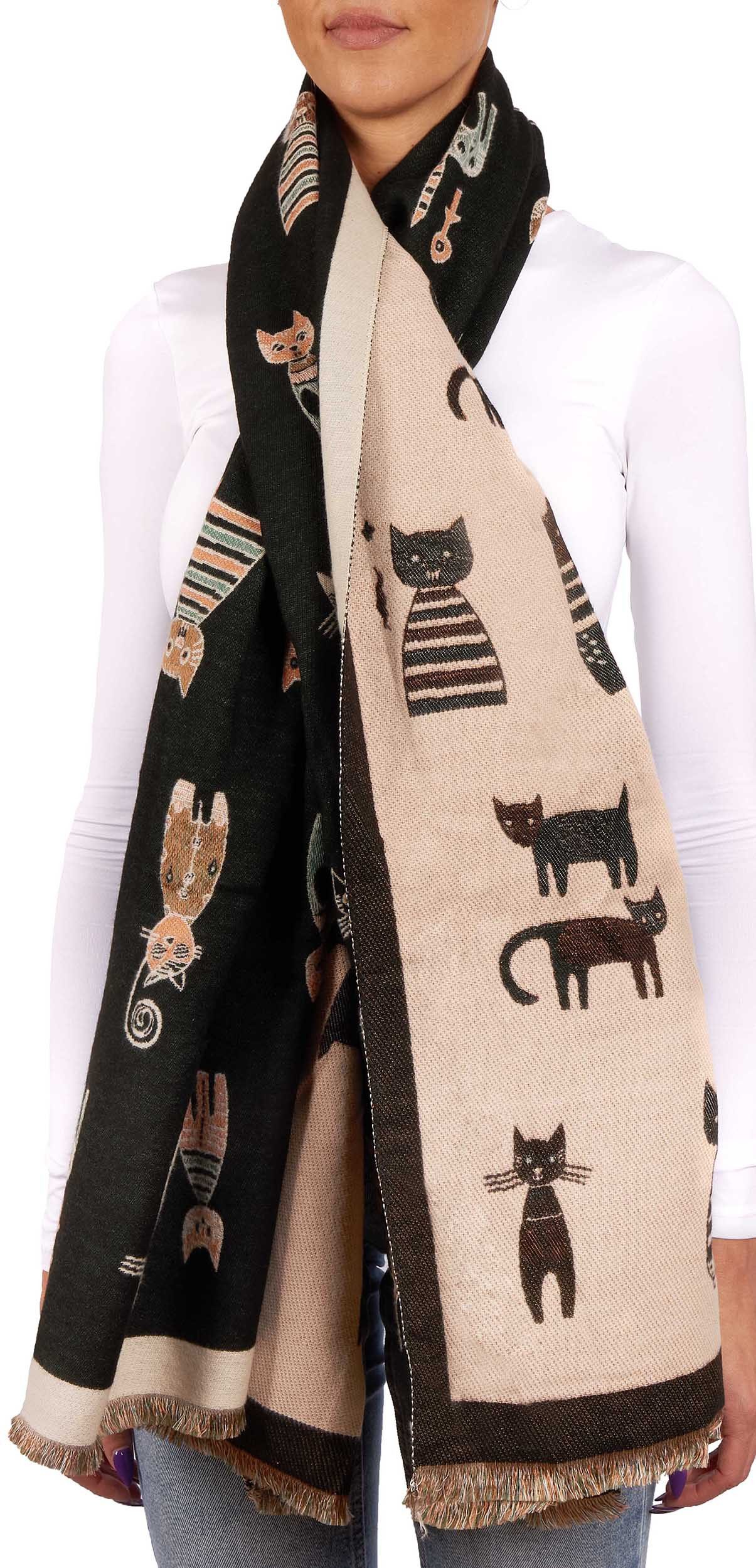 BRUBAKER Schal Cashmirillo Damen Schal mit Katzen Muster - 70 x 200 cm, (Herbstschal Winterschal, 1-St. Weiches Kaschmir-Gefühl), Warm, Kuschelig und Oversized - Damenschal für Herbst und Winter