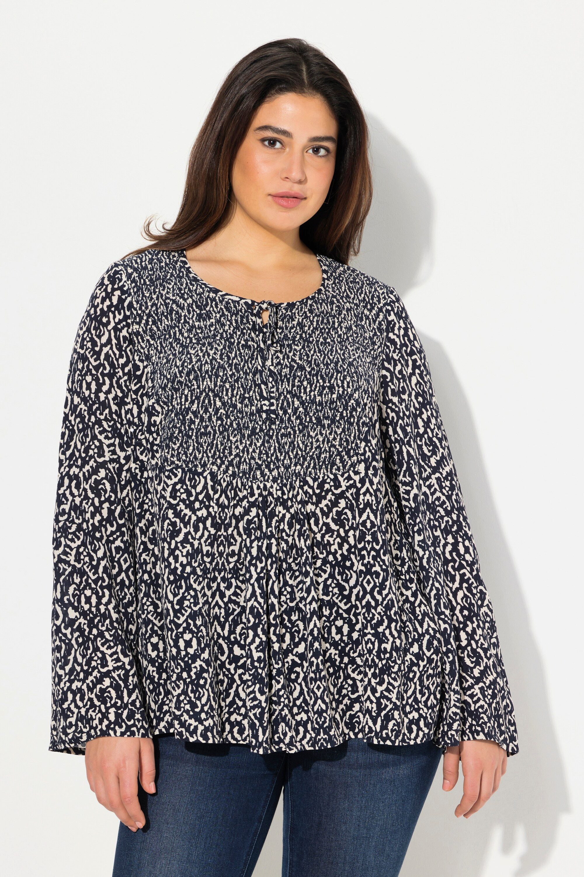Druckbluse Bluse gesmokt Rundhals ausgestellter Langarm