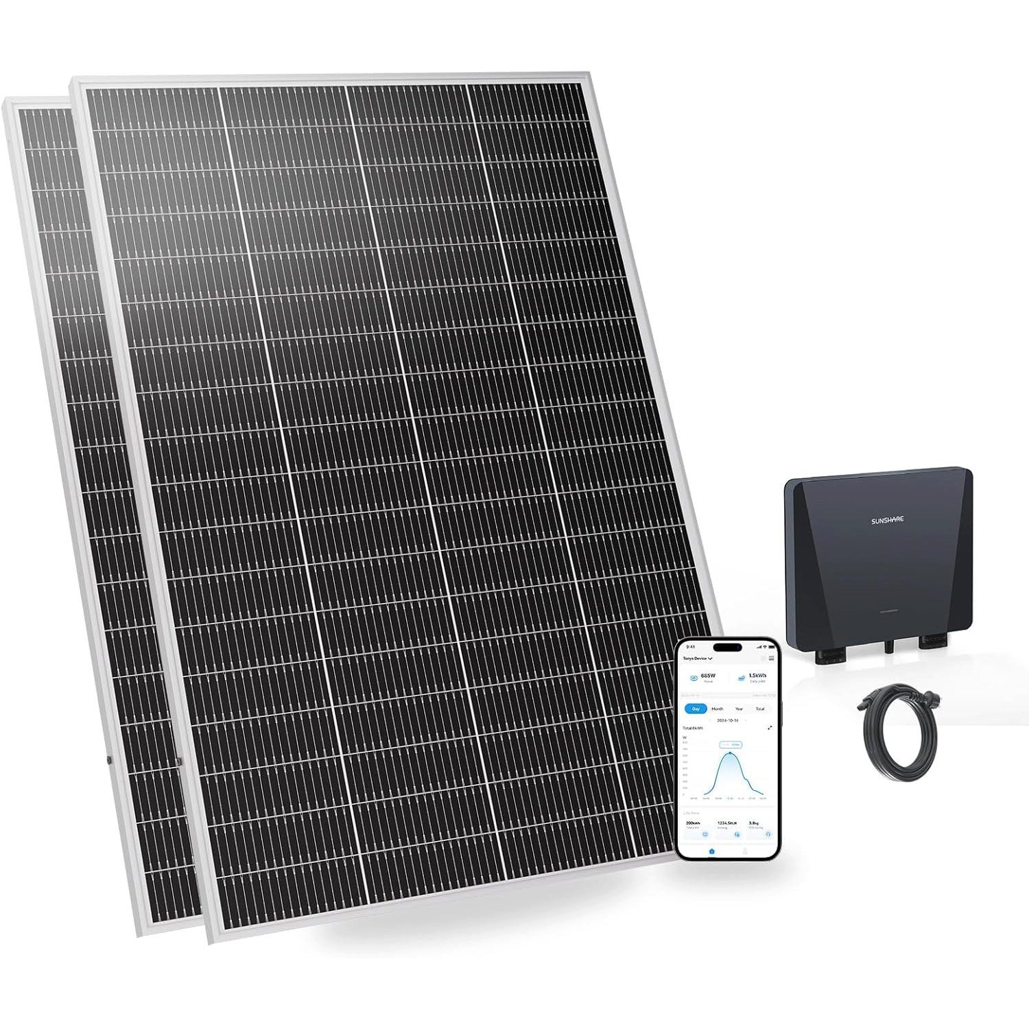 Sunshare Balkonkraftwerk Ray Lite 400 W Mini-Balkonkraftwerk – 2×200 W Solarmodule, 200 W, Monokristalline N-Typ TOPCon, (Balkonkraftwerk, 2-St., 400 W Balkonkraftwerk mit Mikro‑WR, WLAN und 2×200 W Modulen), Effizient, schwachlichtstark, kompakt, modular bis 1200 W erweiterbar