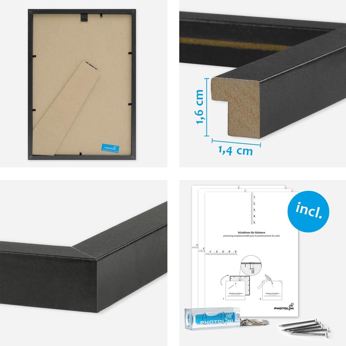 PHOTOLINI Bilderrahmen 4er Set 21x30 cm / DIN A4 Poster-Rahmen, zum Aufhängen & Aufstellen, für 4 Bilder (4er Set), MDF Holz, bruchsicheres Acrylglas & Zubehör, – Bild 3 von 5