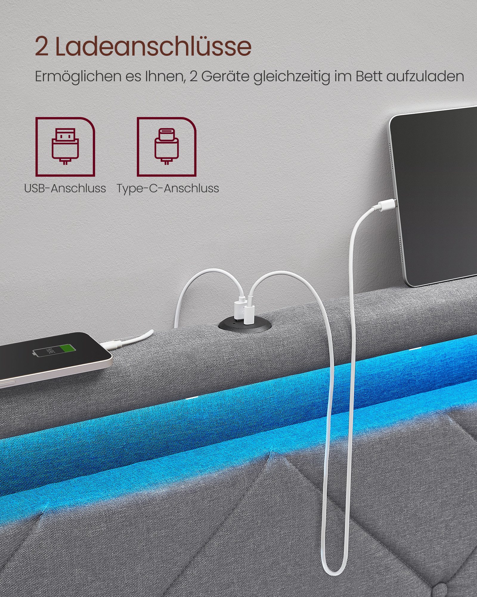 VASAGLE Polsterbett Bettgestell, Metallbett (140 x 200 cm, 4 Schubladen, verstellbares gepolstertes Kopfteil), LED, Ladestation, in 4 Größen verfügbar