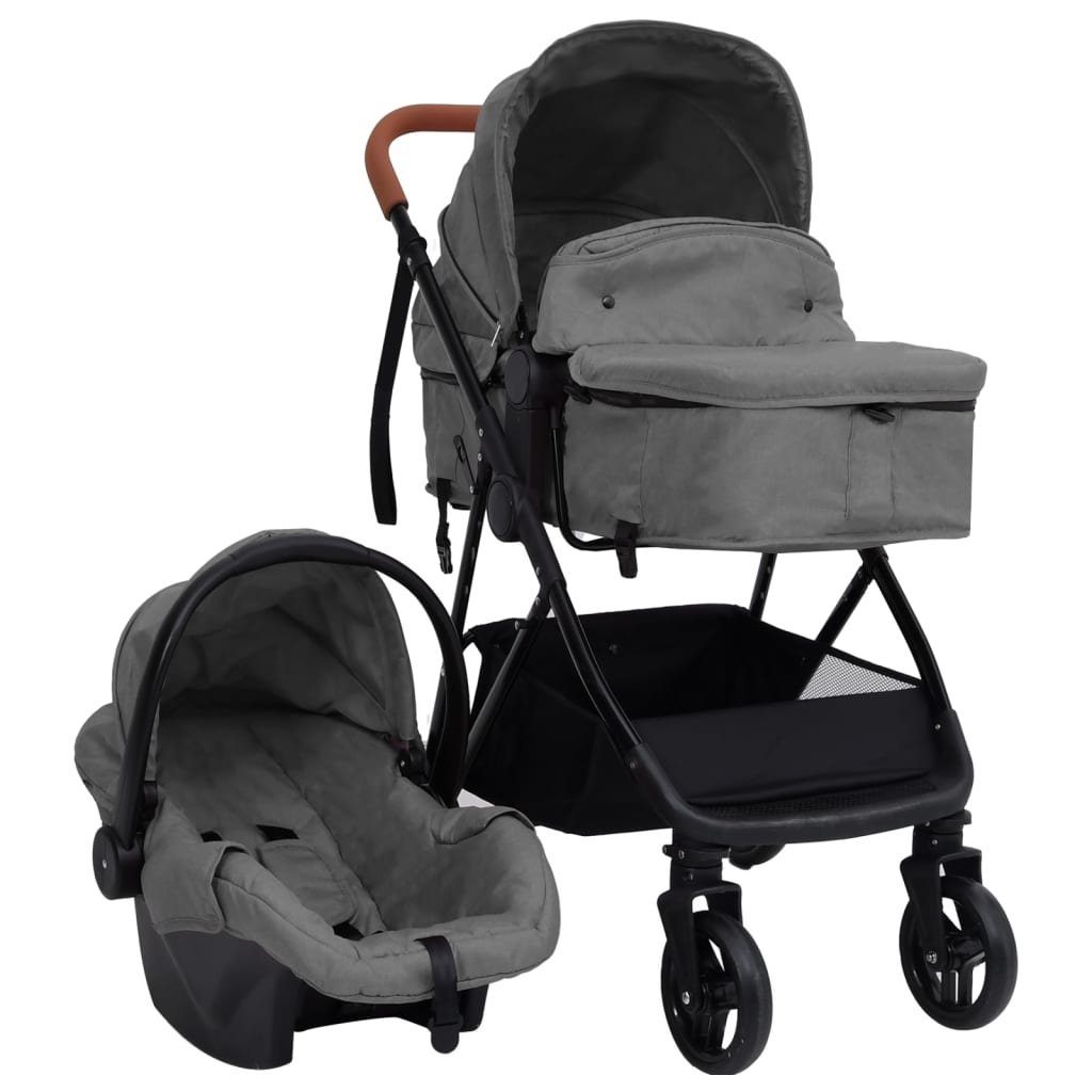 Kinder-Buggy mit Bayschale aus Stahl, Leinen in Hellgrau und Schwarz