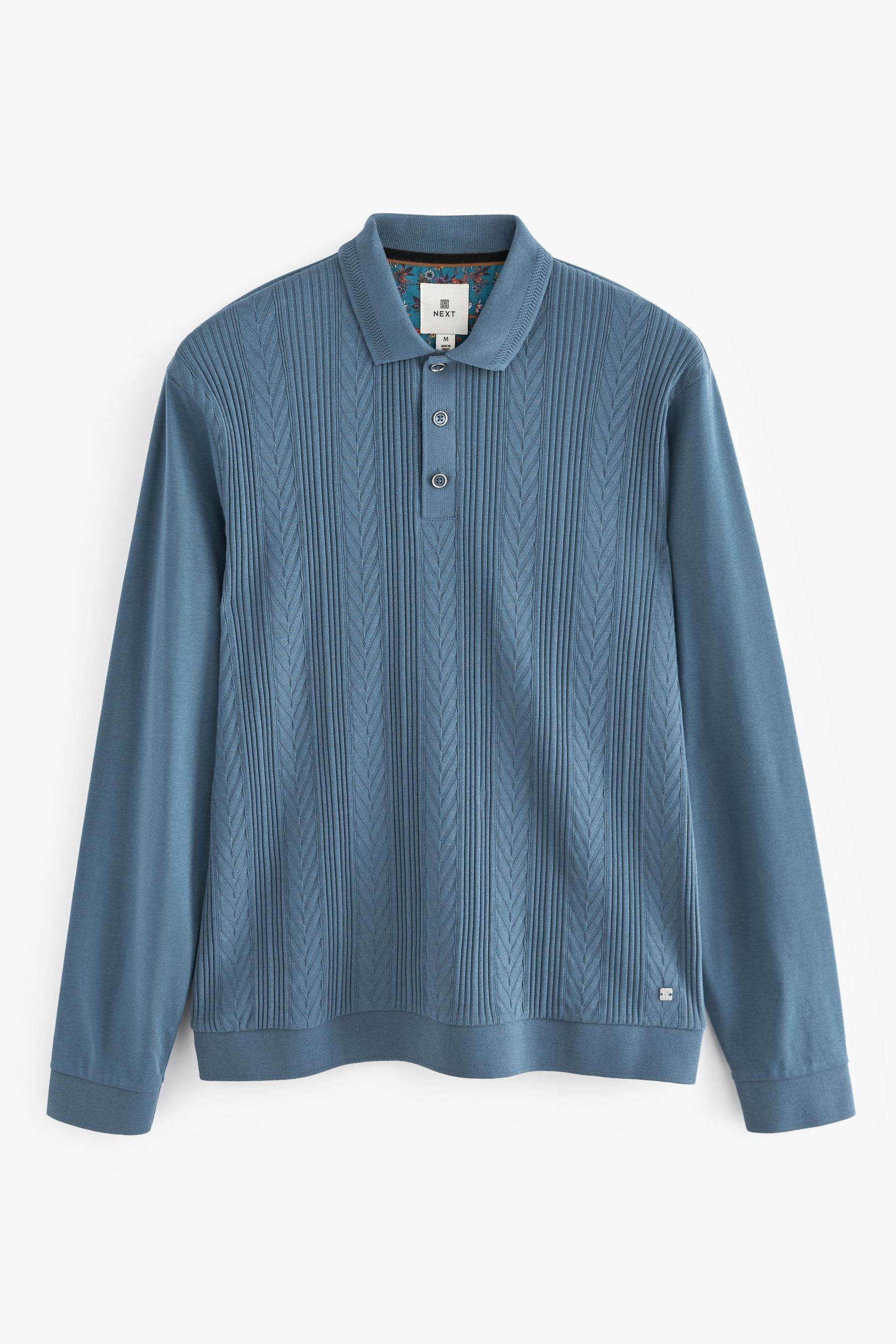 Next Langarm-Poloshirt Strukturiertes, langärmeliges Polohemd (1-tlg) Blue Vertical