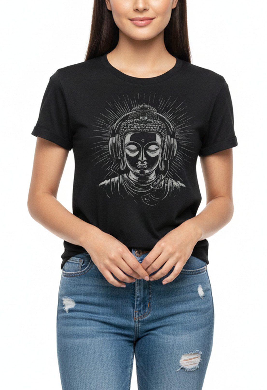 MAKAYA Yogashirt Buddha Kopfhörer Motiv Kurzarm Shirt Schwarz Baumwolle Frauen Top (Druck, Modisch, Lässig, Elegant, Vintage) Print