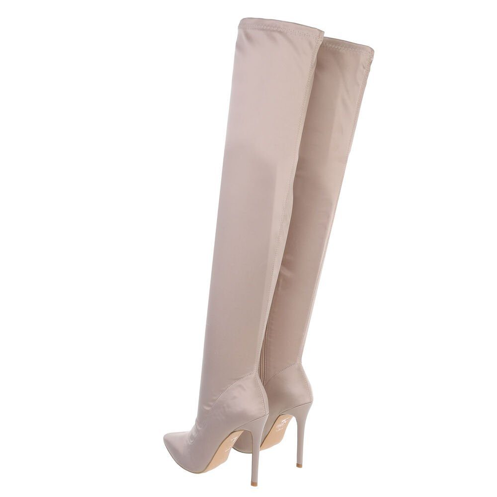 Ital-Design Damen Abendschuhe Party & Clubwear Overkneestiefel (81809695) Pfennig-/Stilettoabsatz High-Heel Stiefel in Beige