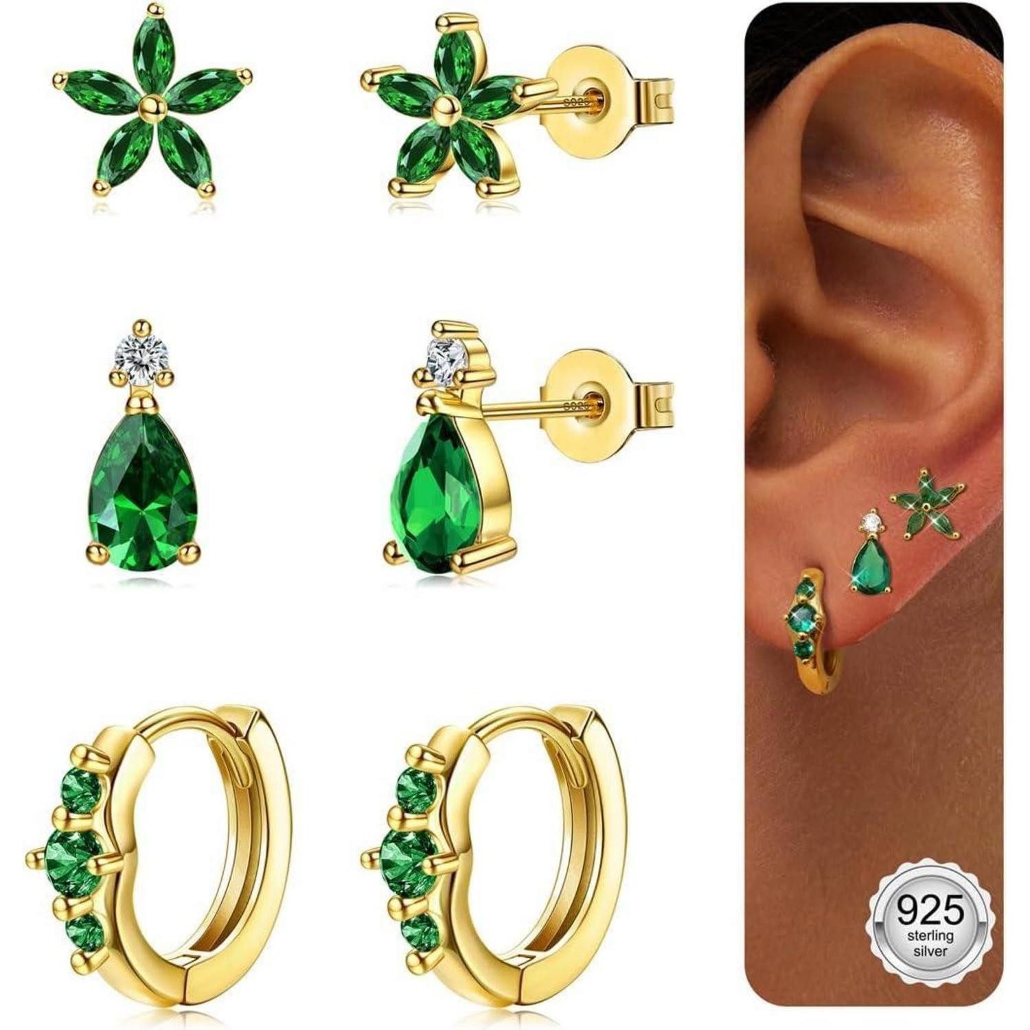 Ohrring-Set 3 Paar Ohrringe Silber Gold Damen Mädchen 925 Creolen Ohrstecker Set