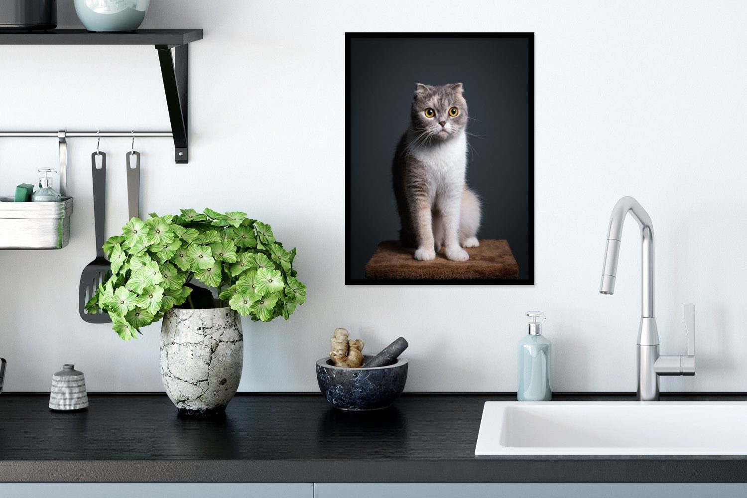 MuchoWow Poster Katze (1 St), Licht, - Haustiere Rahmen, mit Poster, Bilderrahmen Schwarzem Gerahmtes Kunstdruck, 