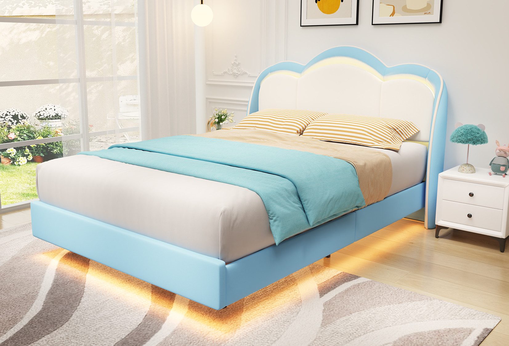 HOMAVO Polsterbett Kinderbett Samt-Polsterbett, inkl. LED, bis 360 kg belastbar (FSC®, Rollrost, Metall/Massivholz, Anti-Rutsch-Klett - für Kinder & Jugend), 90*200cm
