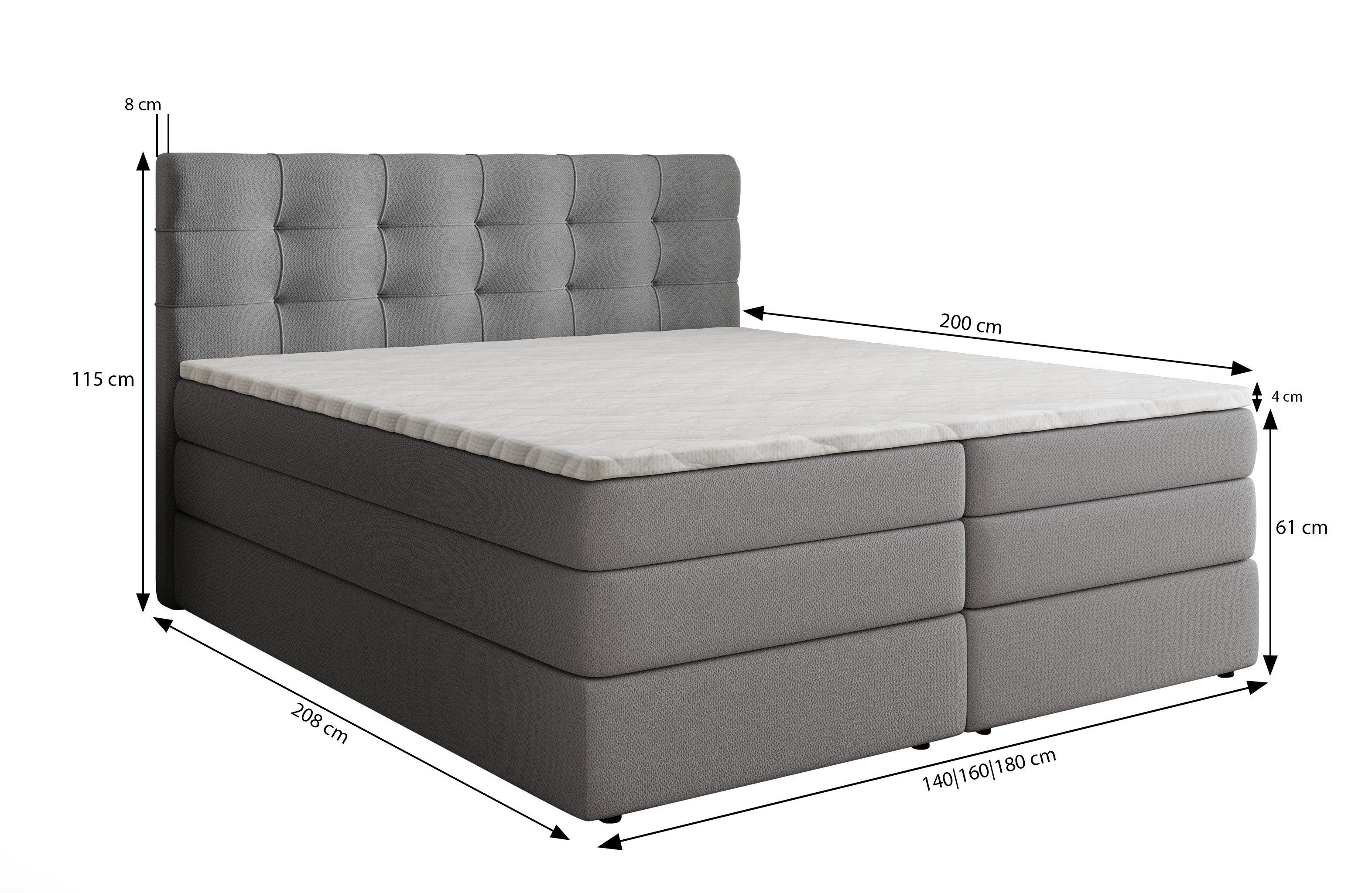 Masseno Boxspringbett AREZI 160x200 cm mit Bonell Matratze und Topper, Doppelbett, Polsterbett mit Kopfteil, Boxspringbett – Bild 5 von 5