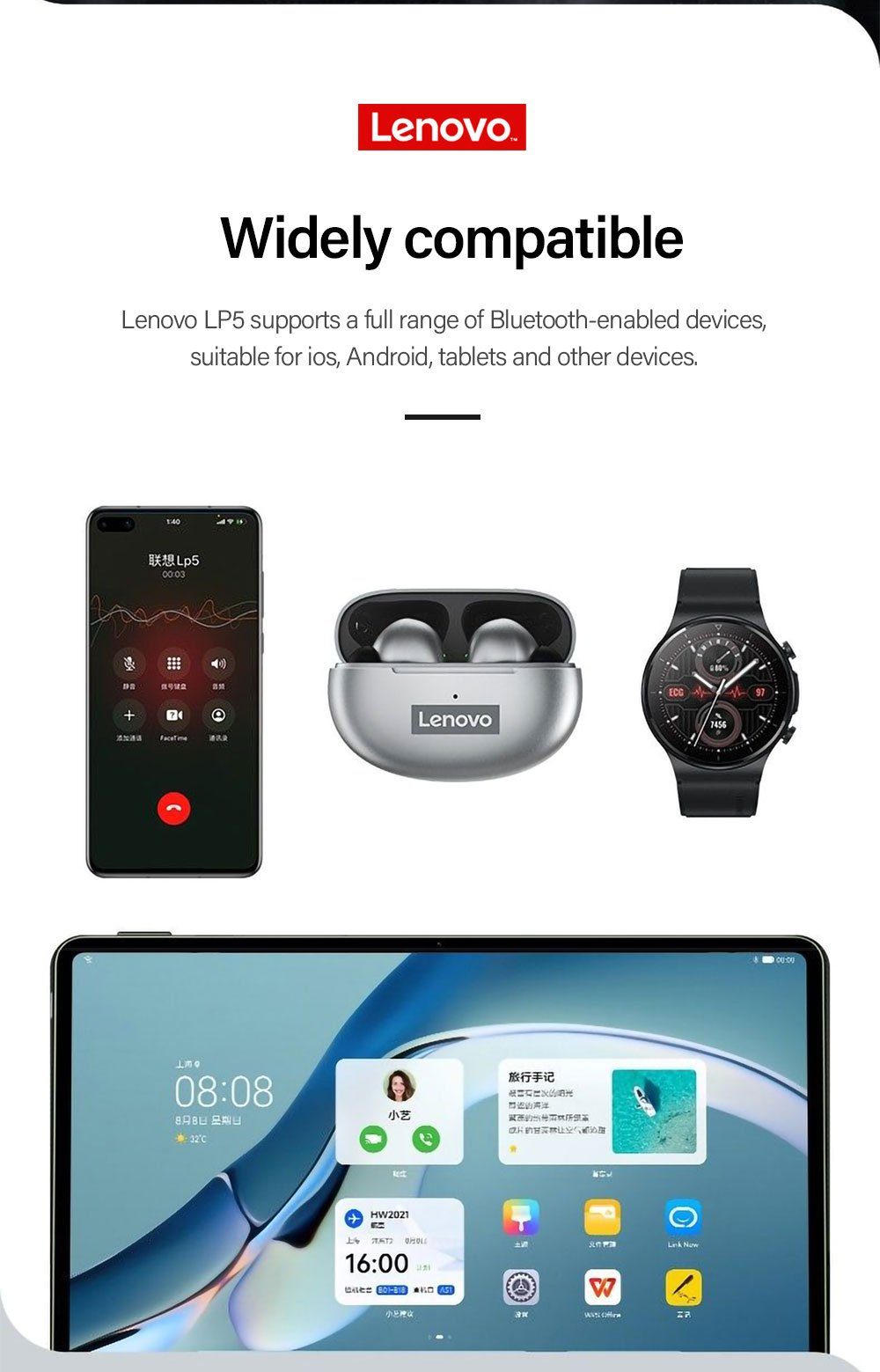 kabellos, Weiß) (True Touch-Steuerung mit Siri, Ohrhörer Wireless, Kopfhörer-Ladehülle 5.0, Assistant, mAh Lenovo 250 Bluetooth mit Google - Stereo LP5 Bluetooth-Kopfhörer