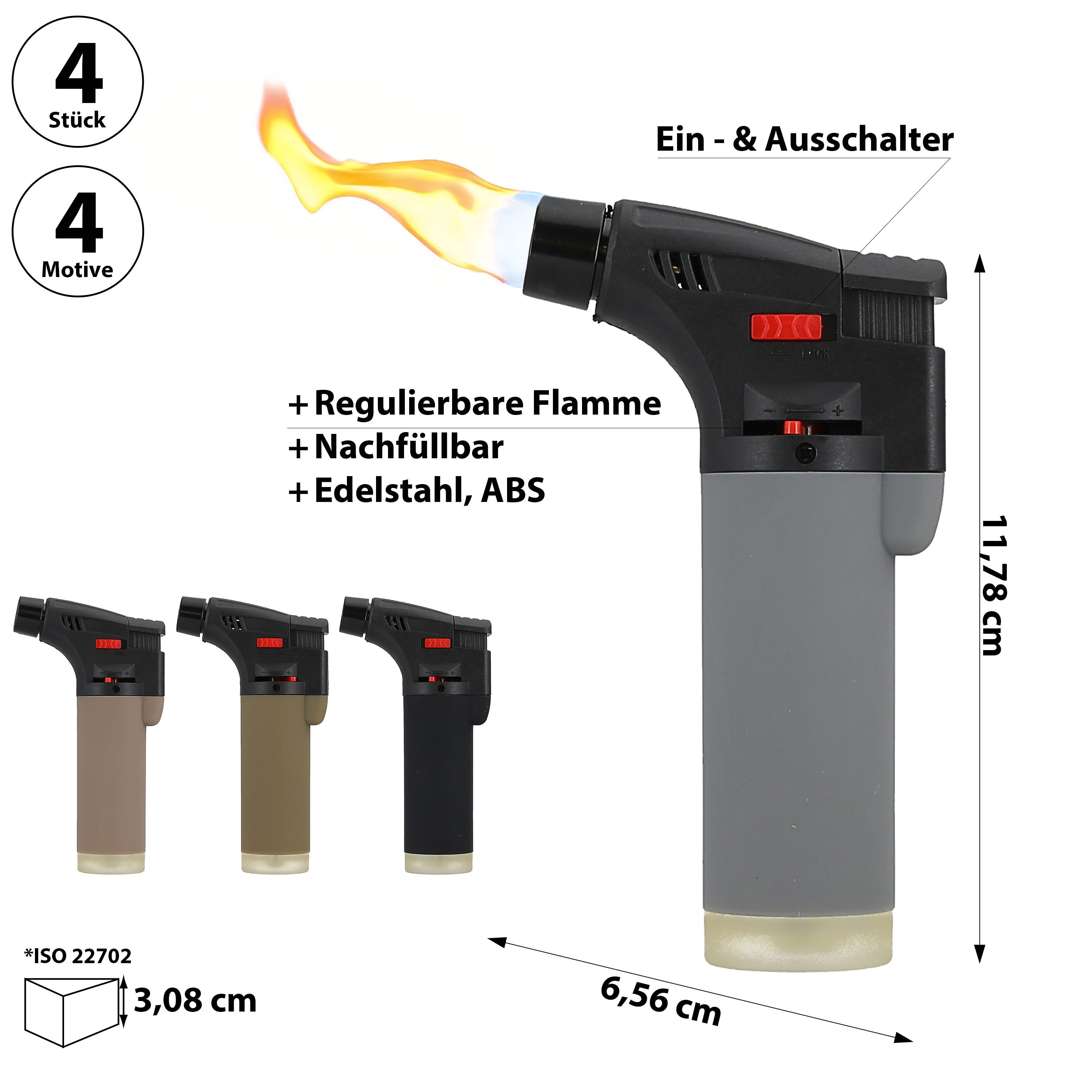 CEPEWA Feuerzeug Jet Feuerzeug 4er Set Soft Touch 4 Farben 6,5x12x3cm ABS nachfüllbar – Bild 2 von 5