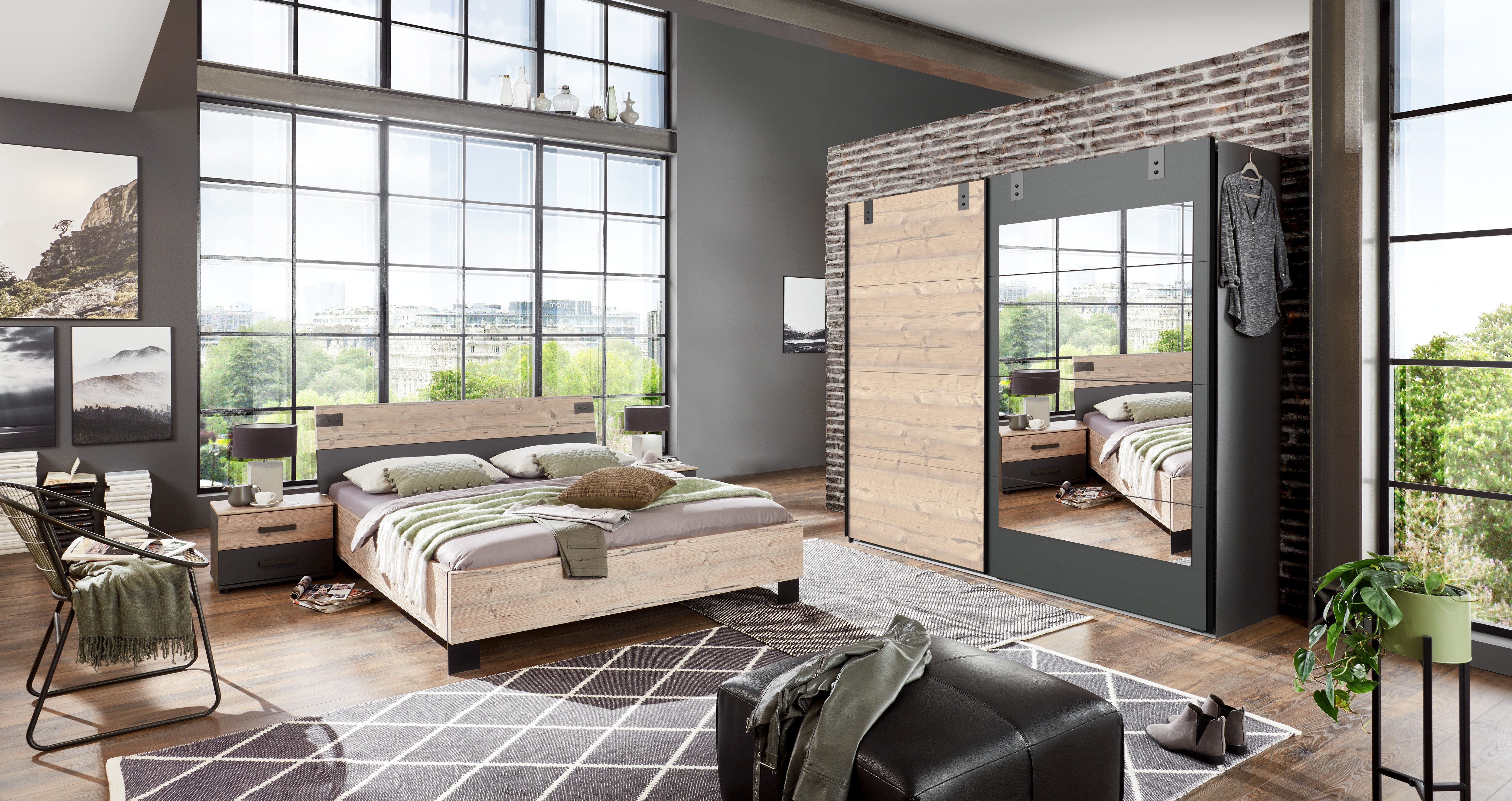 möbel-direkt.de Komplettschlafzimmer Malmö in Silver Fir und Grafit, (Komplett-Set, 4-tlg., Verschiedene Schrankbreiten wählbar), Made in Germany