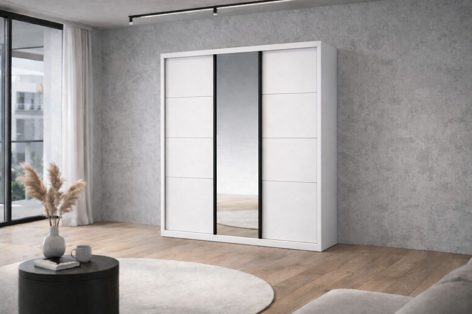 OTTO home Schwebetürenschrank Tonara Schrank, Kleiderschrank 2,00m Breite, Schiebetürenschrank (Schrank mit leichtgängiger Schiebetür, in 4 Farben, Top Ausstattung) inklusive Spiegeltür, 2 Kleiderstangen, 4 Schubkastenauszügen