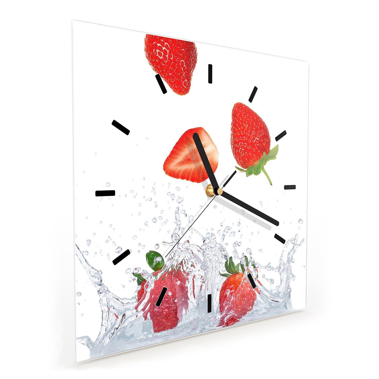 x mit fliegend 30 30 Wandkunst Größe Milch Wanduhr Wanduhr Glasuhr in Erdbeeren Motiv Primedeco cm