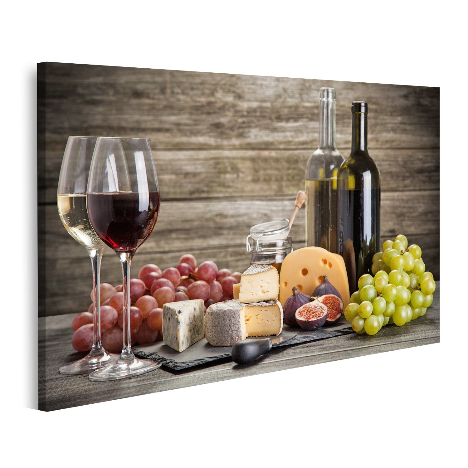 Leinwandbild Bild auf Leinwand Wein- und Käsestillleben Wandbild Poster Kunstdruck