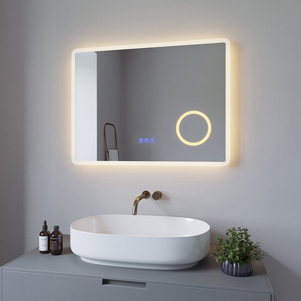 aqua batos badspiegel bad spiegel led 80x60cm touch warmweiß badspiegel mit  kosmetikspiegel mit beleuchtung und vergrößerung wandspiegel silber