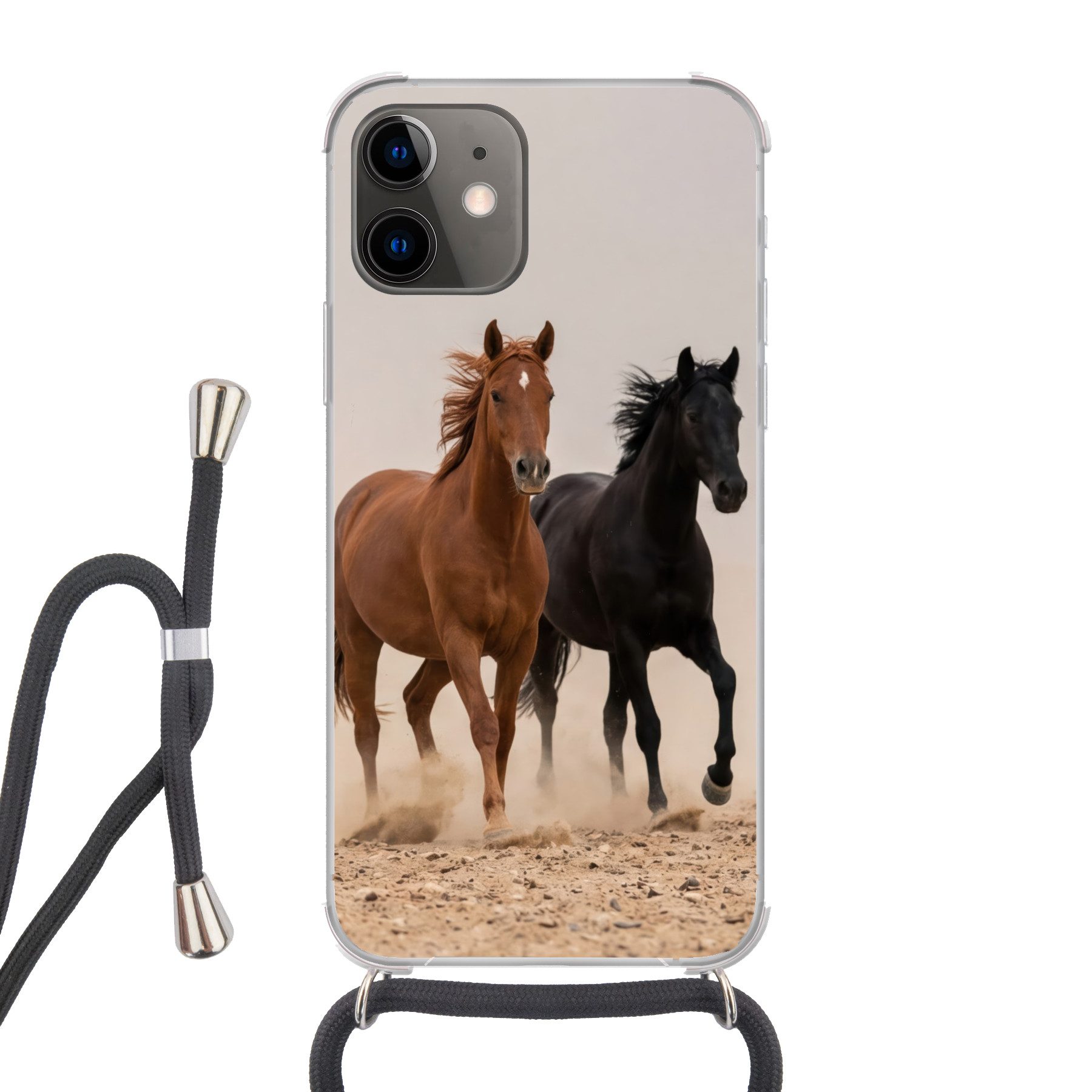 MuchoWow Handyhülle für Apple iPhone 12 Mini Pferdeherde - Staubwolke - Braun - Schwarz, Tragbare Handyhüllen mit Kette zum umhängen, Handykette Handyband