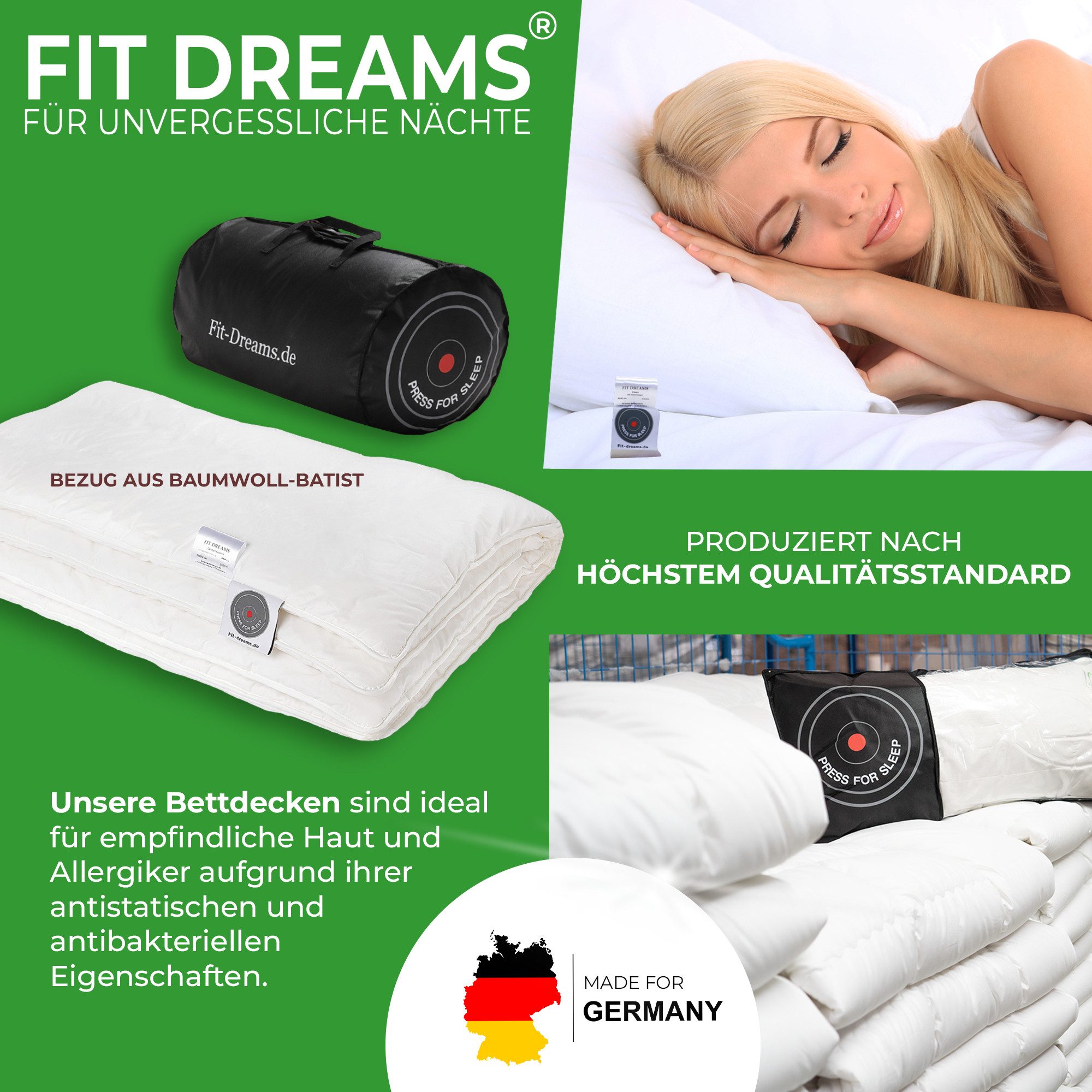 FIT DREAMS PRESS FOR SLEEP Bett-Set Premium Ganzjahresdecke - klimaregulierend inkl. Tragetasche, Füllung: 100% Natur-Vliesmischung aus 60% Leinen, 40% Lyocell-Cell Solution - 135x200 - 155x220 - 200x200, natürliche Ganzjahresdecke - vegane Steppdecke - Bestseller