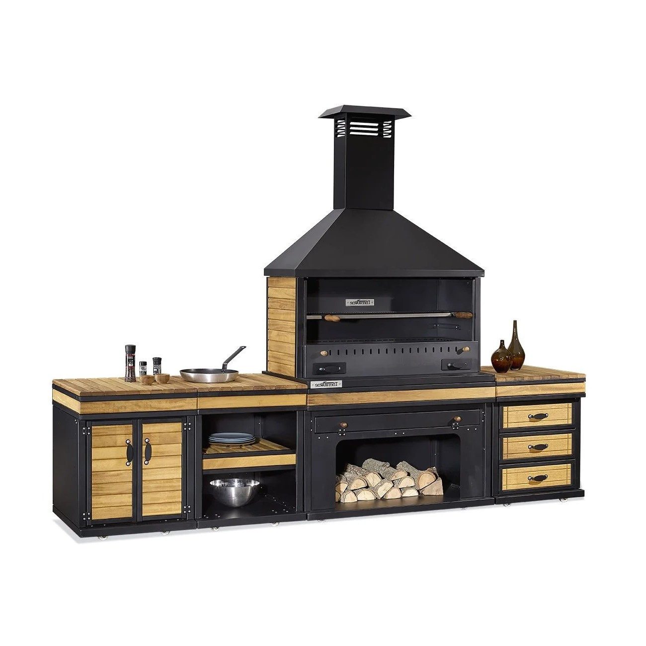 Xlmoebel Outdoor-Küche XLMOEBEL Außenküche Schwarz Holz Edelstahl mit großzügigem Kochbereich, Made in Europa