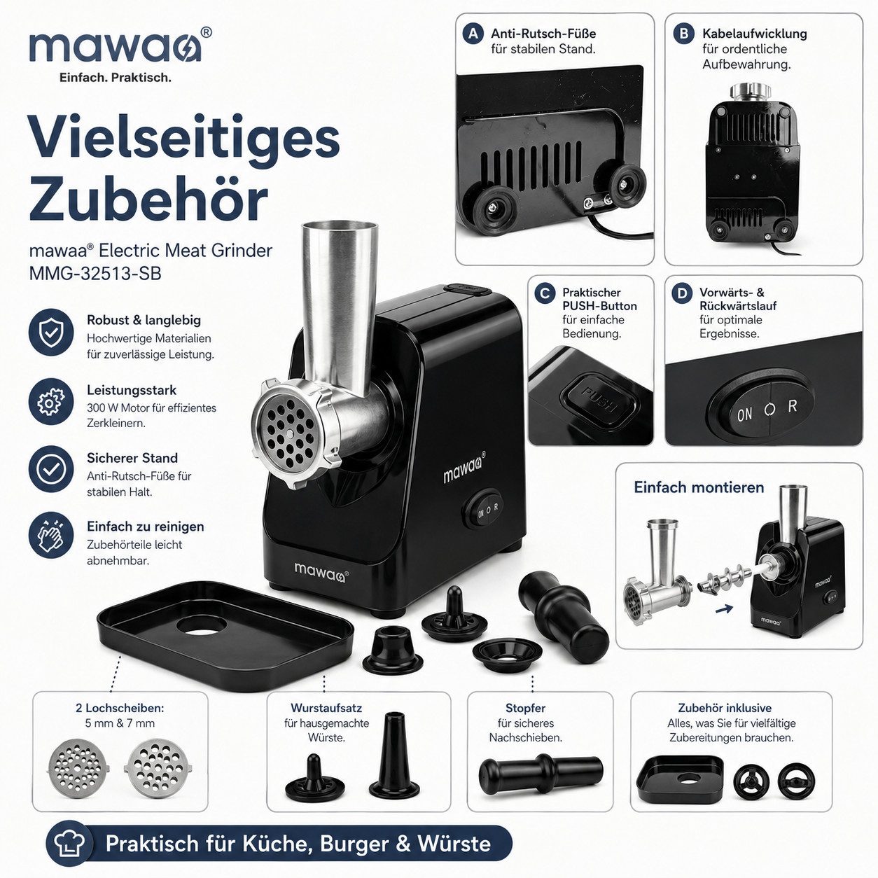 LEFEX Fleischwolf mawaa Fleischwolf & Wurstfüller 300W mit Reverse, 300 W, Reverse-Funktion, Wurstaufsatz, 2 Lochscheiben, Edelstahl-Schneidteile