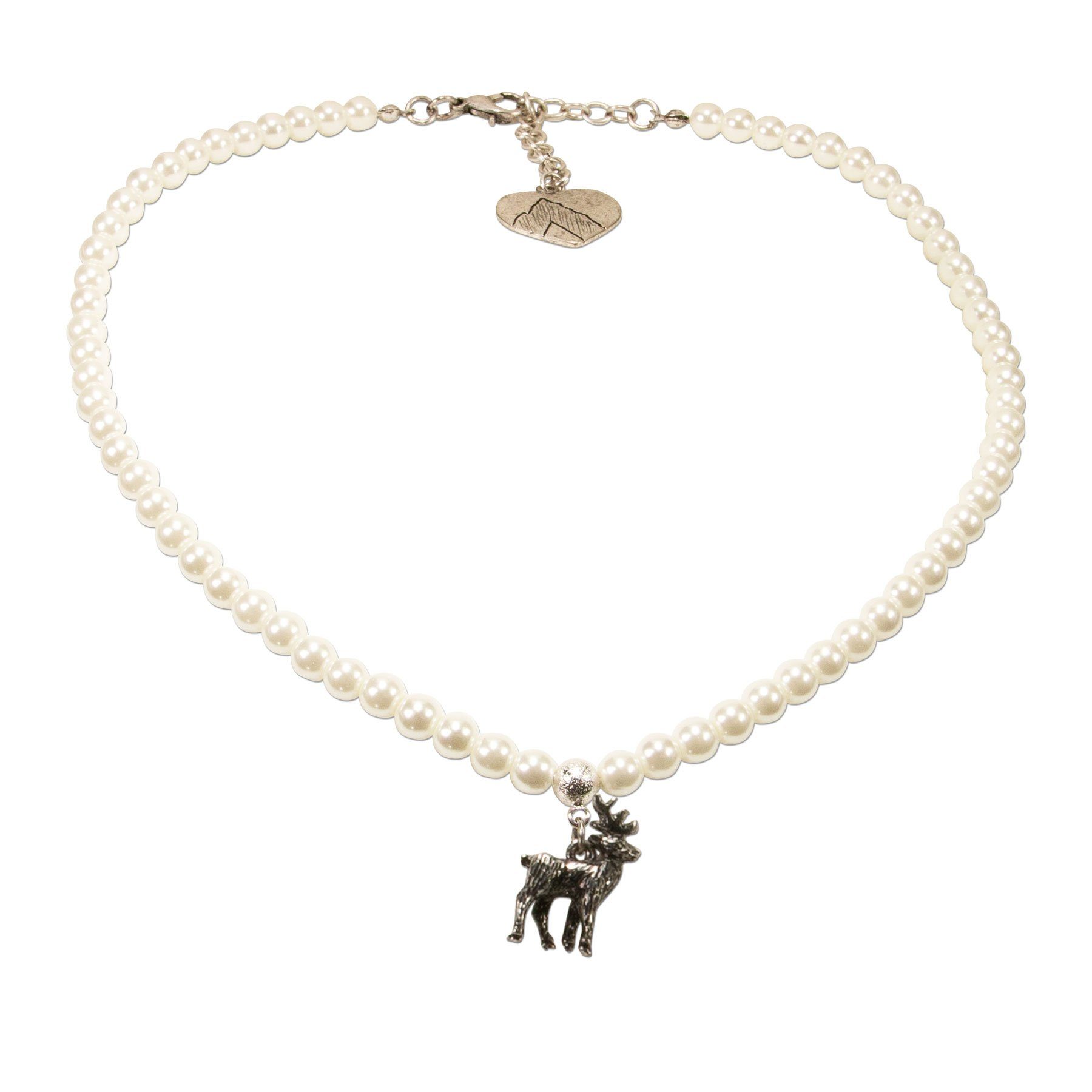 Alpenflüstern Collier Perlen-Trachtenkette Hirsch klein (creme-weiß), - Damen-Trachtenschmuck Dirndlkette