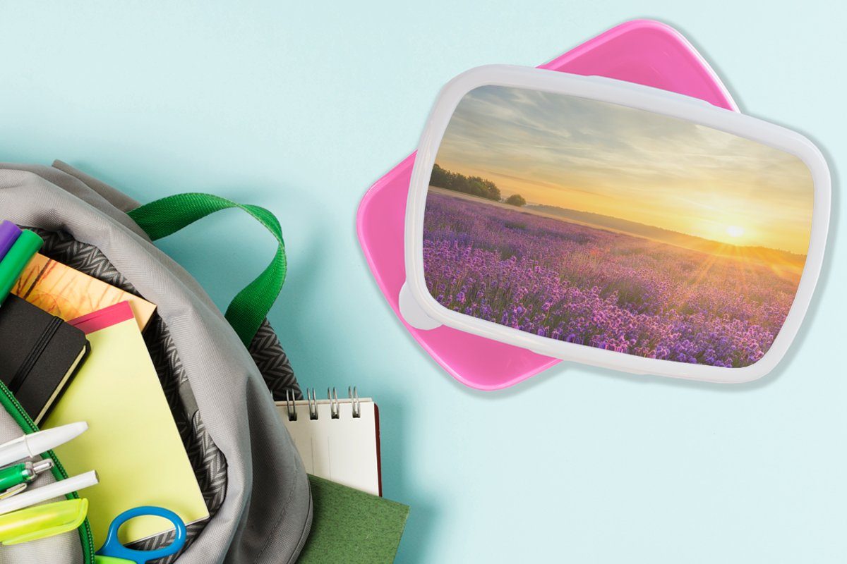 MuchoWow Lunchbox Lavendel - Sonnenuntergang Kunststoff Mädchen, Lila, - für Brotbox Snackbox, - Brotdose (2-tlg), Kinder, rosa Erwachsene, Kunststoff, Bäume