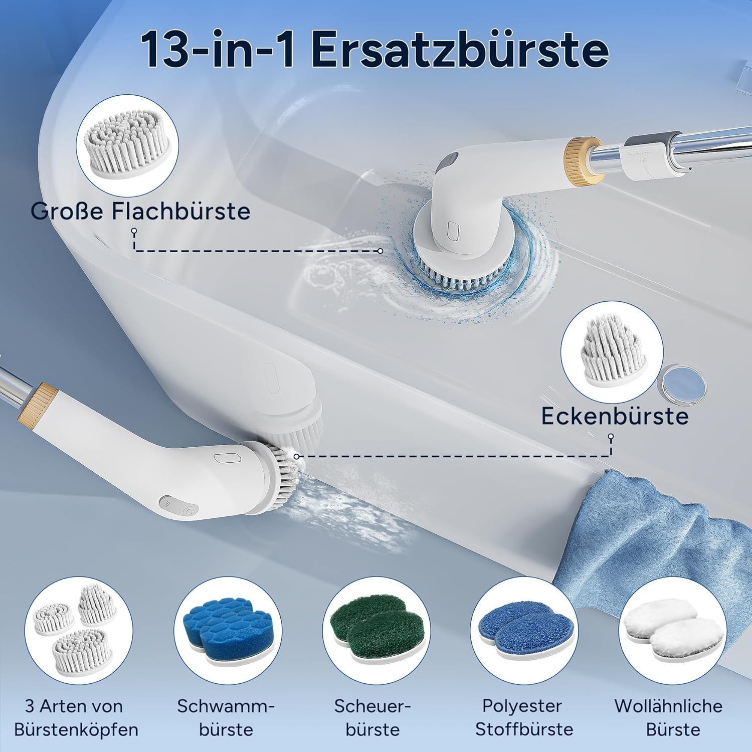 Vivitar Elektro-Oberflächenbürste mit 11 Bürstenköpfen, Teleskopgriff, 2 Geschwindigkeiten kabellos, Multifunktionaler elektrischer Spin Scrubber, Abnehmbarer V – Bild 4 von 5