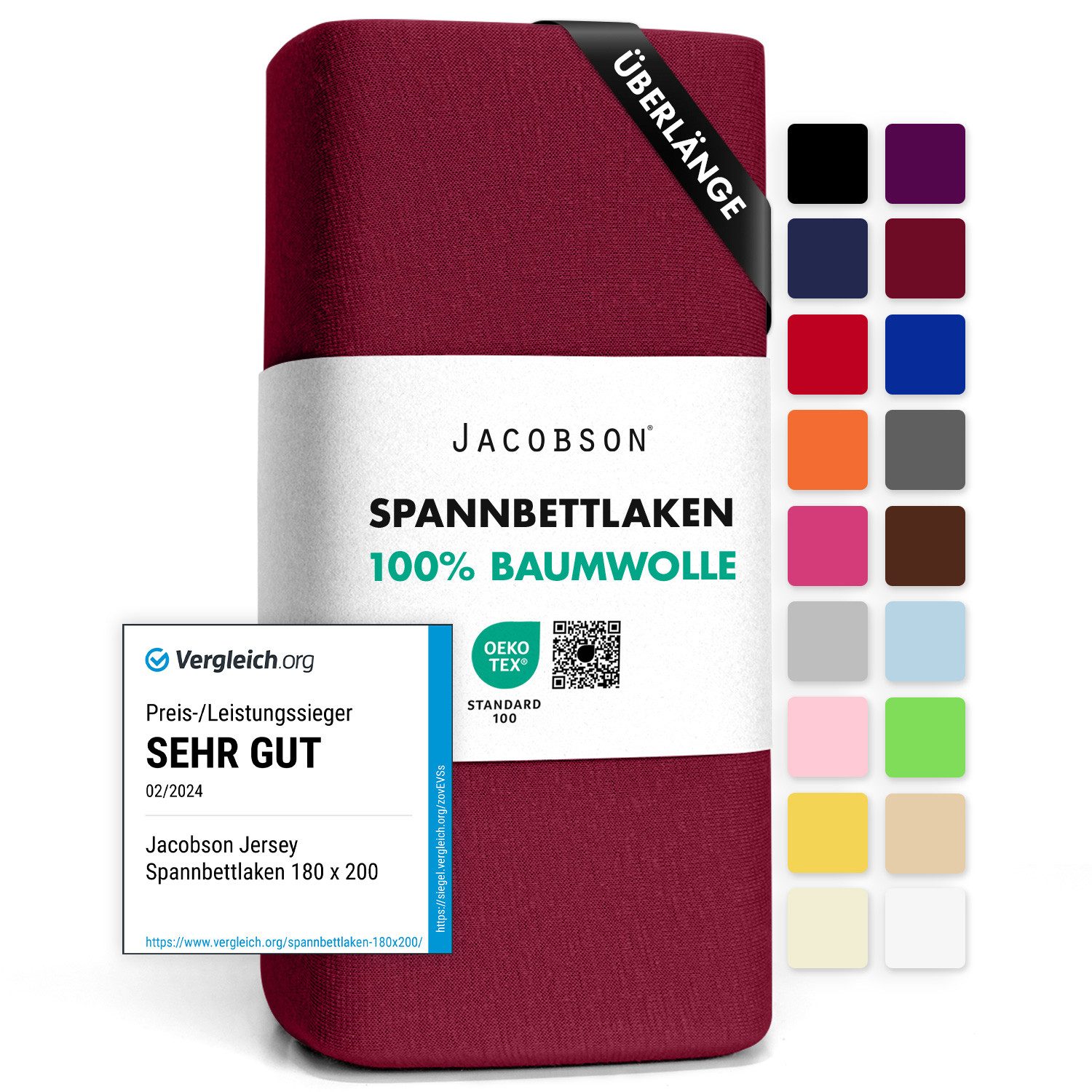 Jacobson Spannbettlaken BOXSPRING & ÜBERLÄNGE aus 100% Baumwolle, für hohe & lange Matratzen, Jersey Bettlaken 160 g/m²